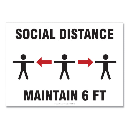 Accuform Social Distance Signs, Wall, 10 x 7, "Social Distance Maintain 6 ft", 3 Humans/Arrows, White, 10/Pack (MGNF544VPESP)