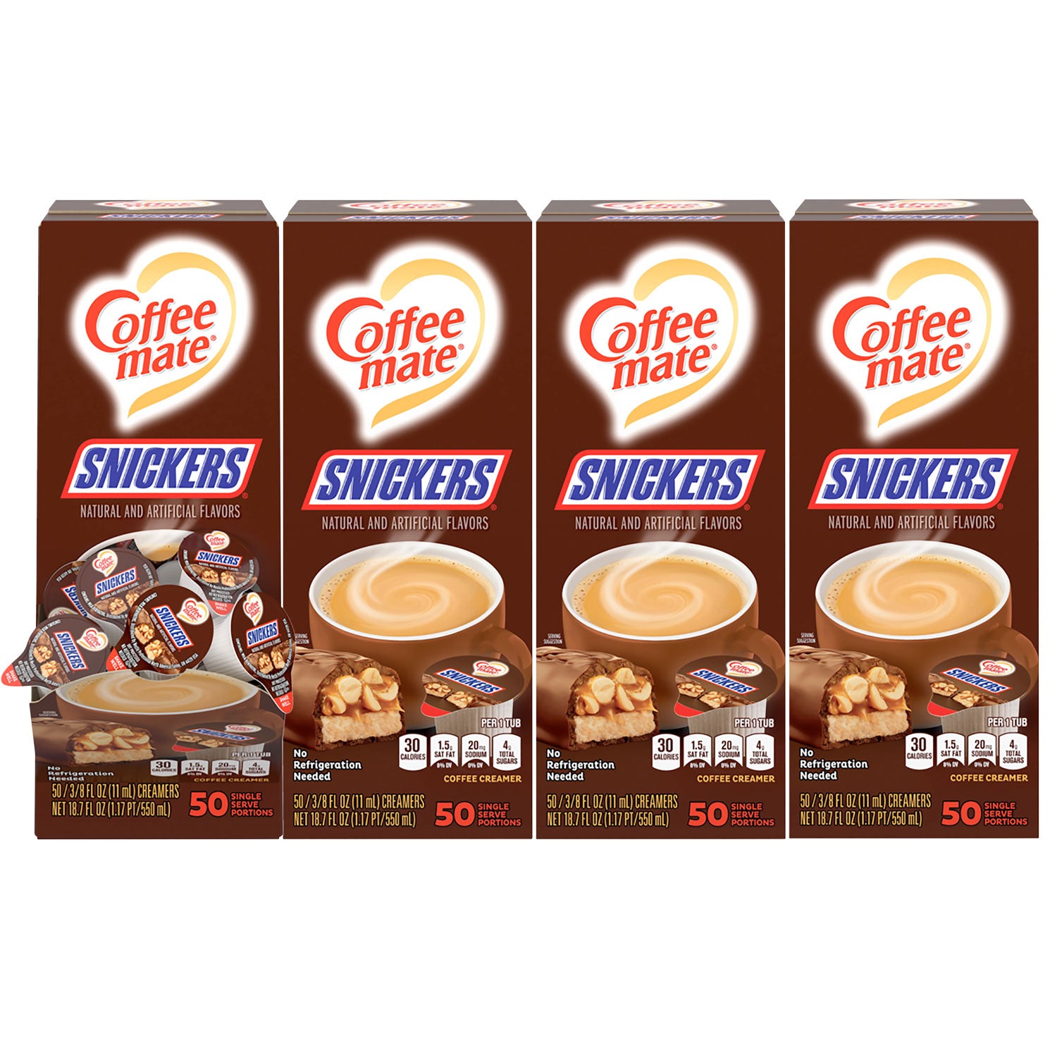 Coffee-mate Liquid Coffee Creamer, Snickers, 0.38 oz Mini Cups, 200 Cups/Carton (61425CT)