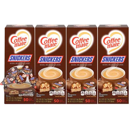 Coffee-mate Liquid Coffee Creamer, Snickers, 0.38 oz Mini Cups, 200 Cups/Carton (61425CT)