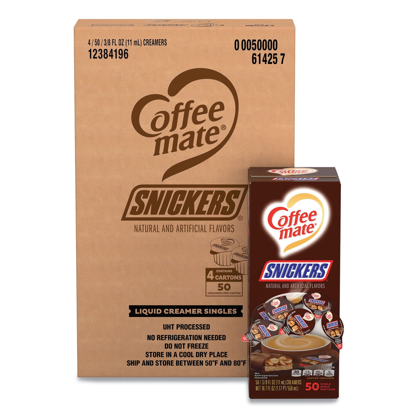 Coffee-mate Liquid Coffee Creamer, Snickers, 0.38 oz Mini Cups, 200 Cups/Carton (61425CT)