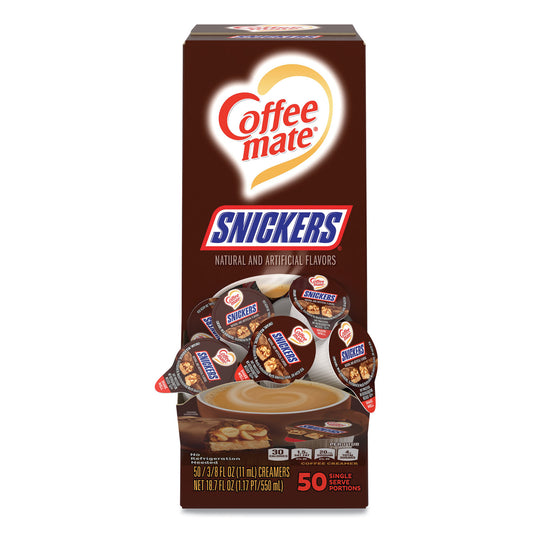 Coffee-mate Liquid Coffee Creamer, Snickers, 0.38 oz Mini Cups, 50 Cups/Box (61425BX)