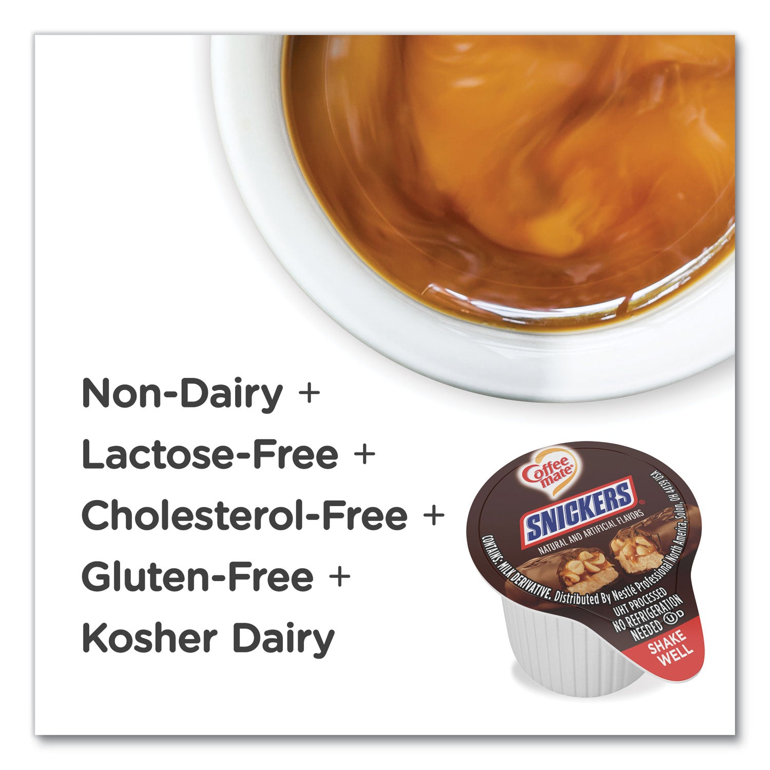 Coffee-mate Liquid Coffee Creamer, Snickers, 0.38 oz Mini Cups, 200 Cups/Carton (61425CT)