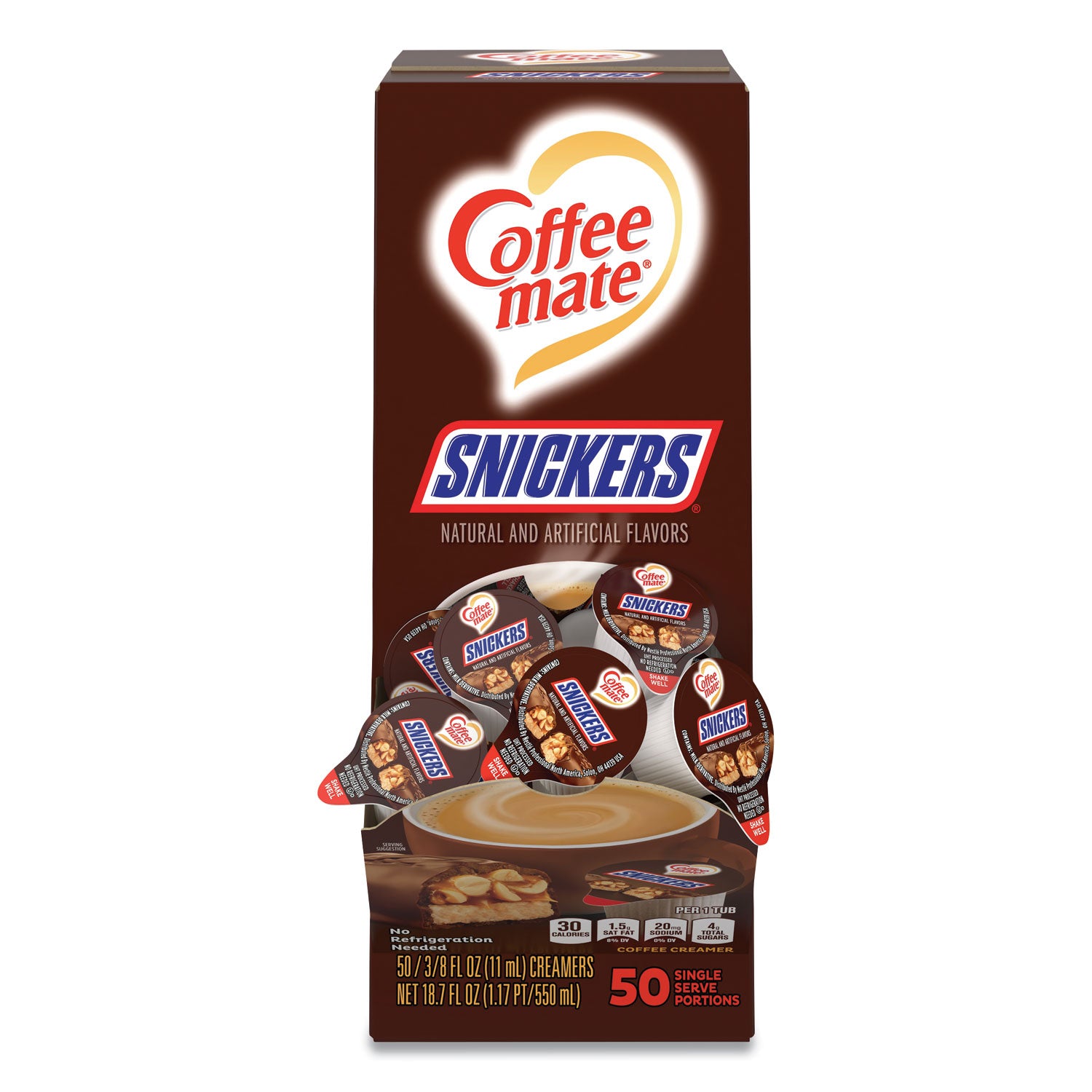 Coffee-mate Liquid Coffee Creamer, Snickers, 0.38 oz Mini Cups, 200 Cups/Carton (61425CT)