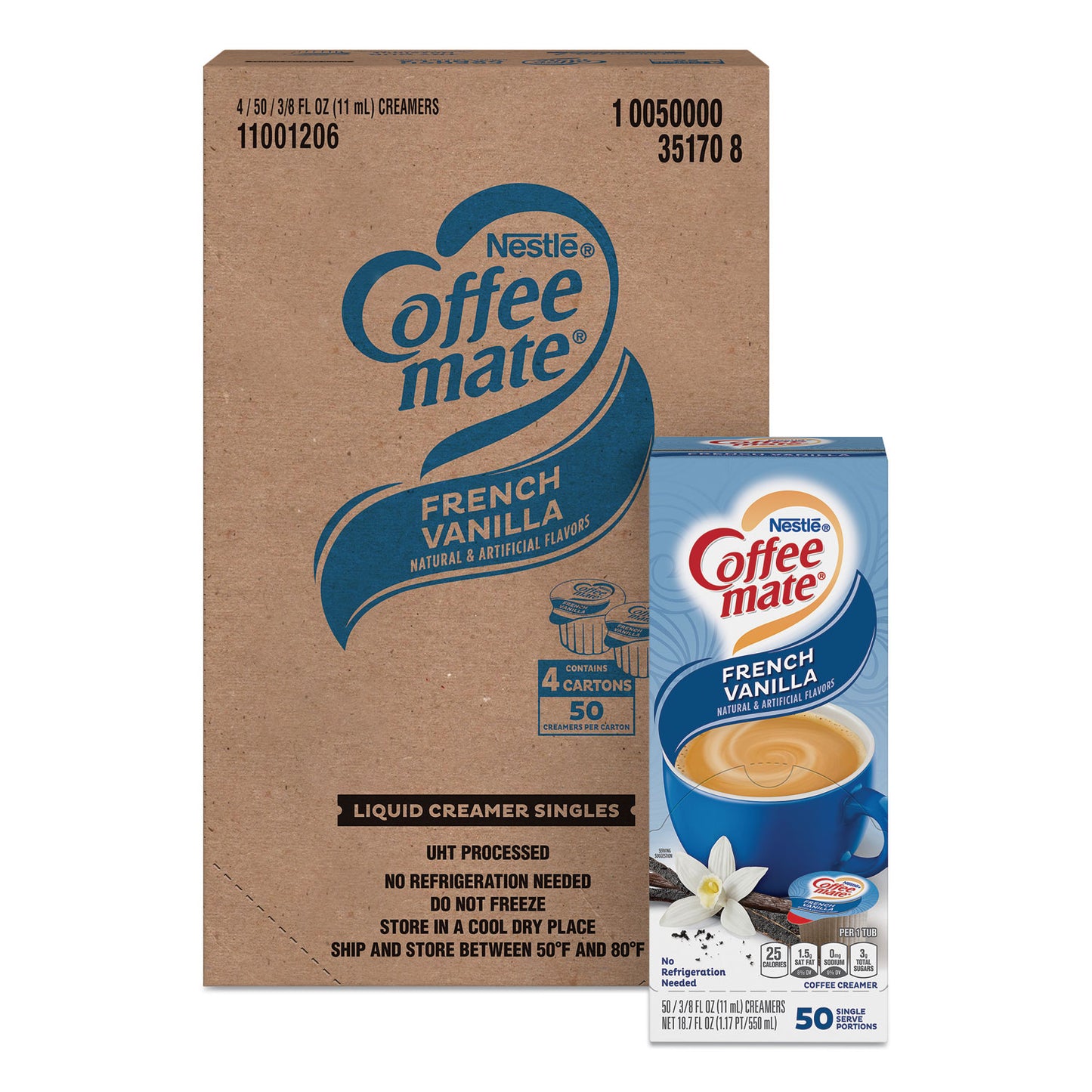 Coffee-mate Liquid Coffee Creamer, French Vanilla, 0.38 oz Mini Cups, 50/Box, 4 Boxes/Carton, 200 Total/Carton (35170CT)