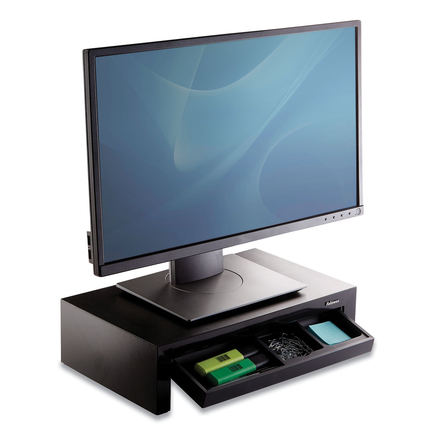 Fellowes Designer Suites Monitor Riser, For 21" Monitors, 16" x 9.38" x 4.38" to 6", Black Pearl, Supports 40 lbs (8038101)