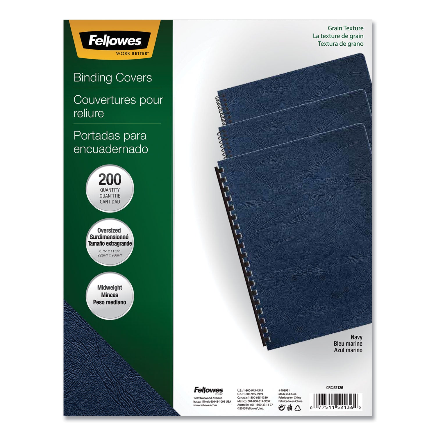 Fellowes Expressions Classic Grain Texture Presentation Covers for Binding Systems, Navy, 11.25 x 8.75, Unpunched, 200/Pack (52136)