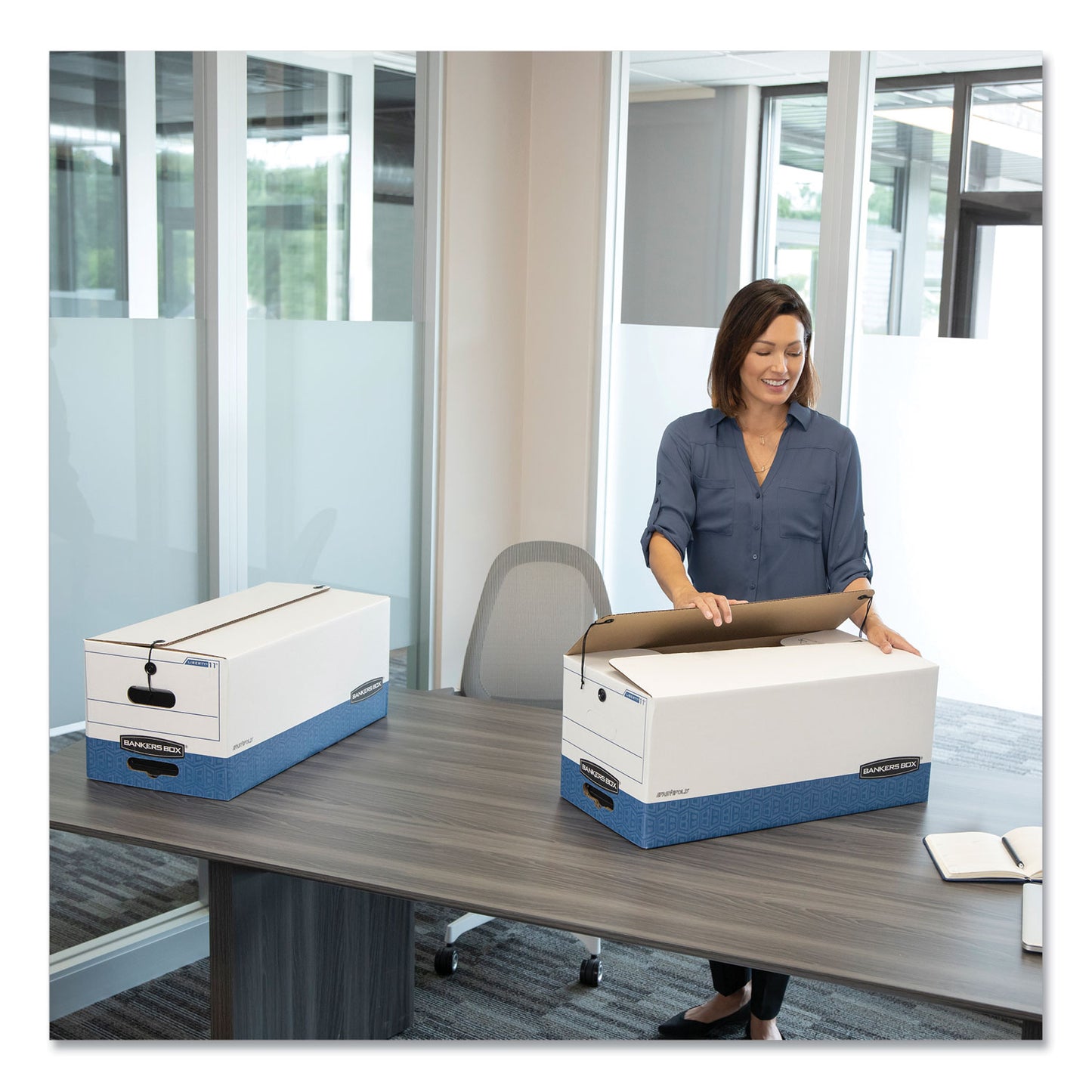 Bankers Box STOR/FILE Medium-Duty Strength Storage Boxes, Letter Files, 12.25" x 24.13" x 10.75", White/Blue, 4/Carton (0070403)