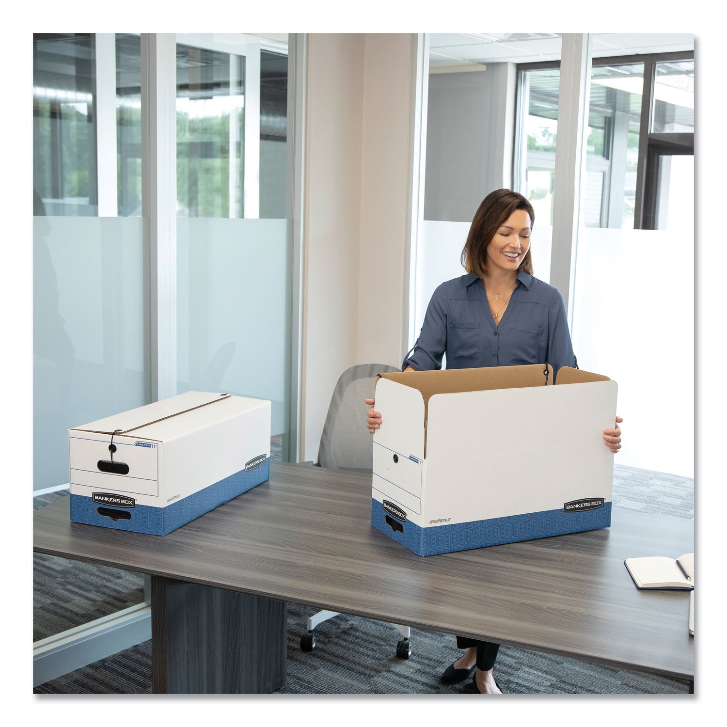 Bankers Box STOR/FILE Medium-Duty Strength Storage Boxes, Letter/Legal Files, 12.25" x 16" x 11", White/Blue, 4/Carton (0002501)