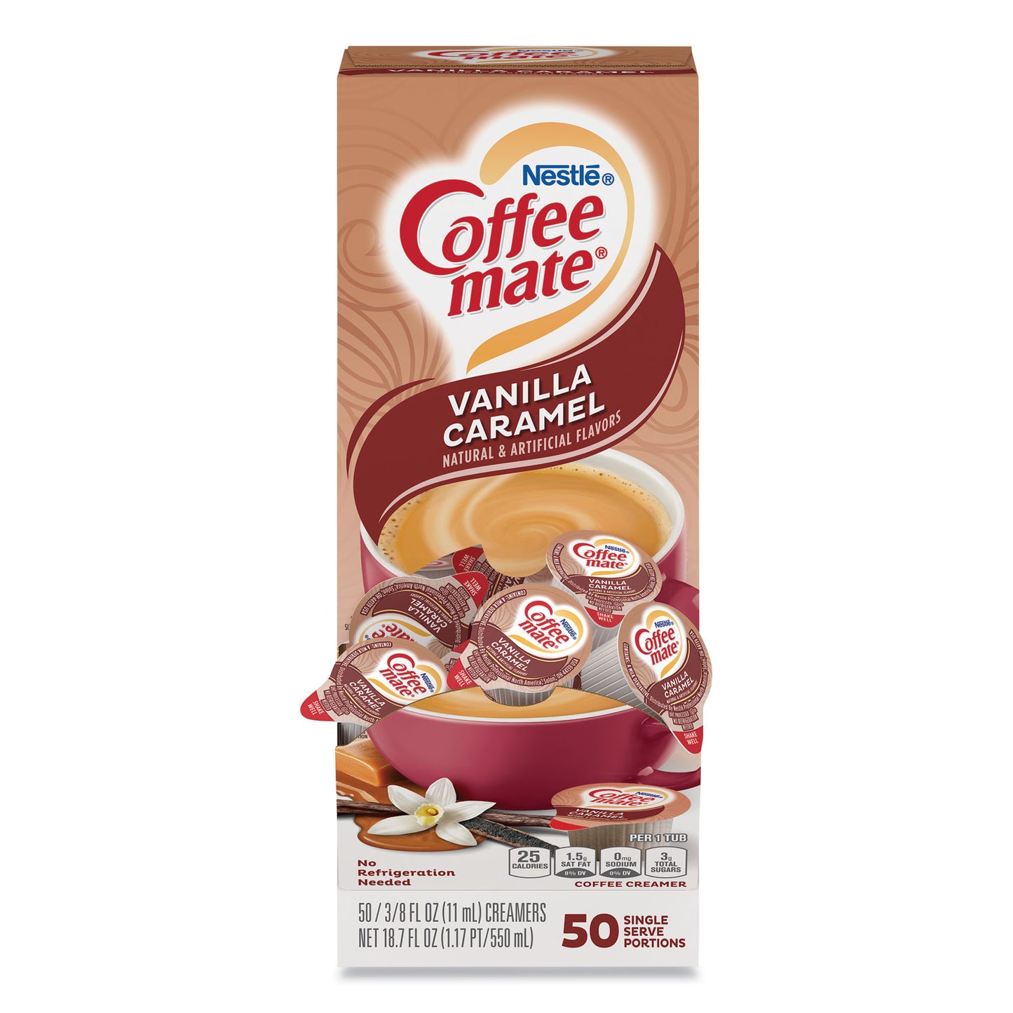 Coffee-mate Liquid Coffee Creamer, Vanilla Caramel, 0.38 oz Mini Cups, 50/Box (79129)