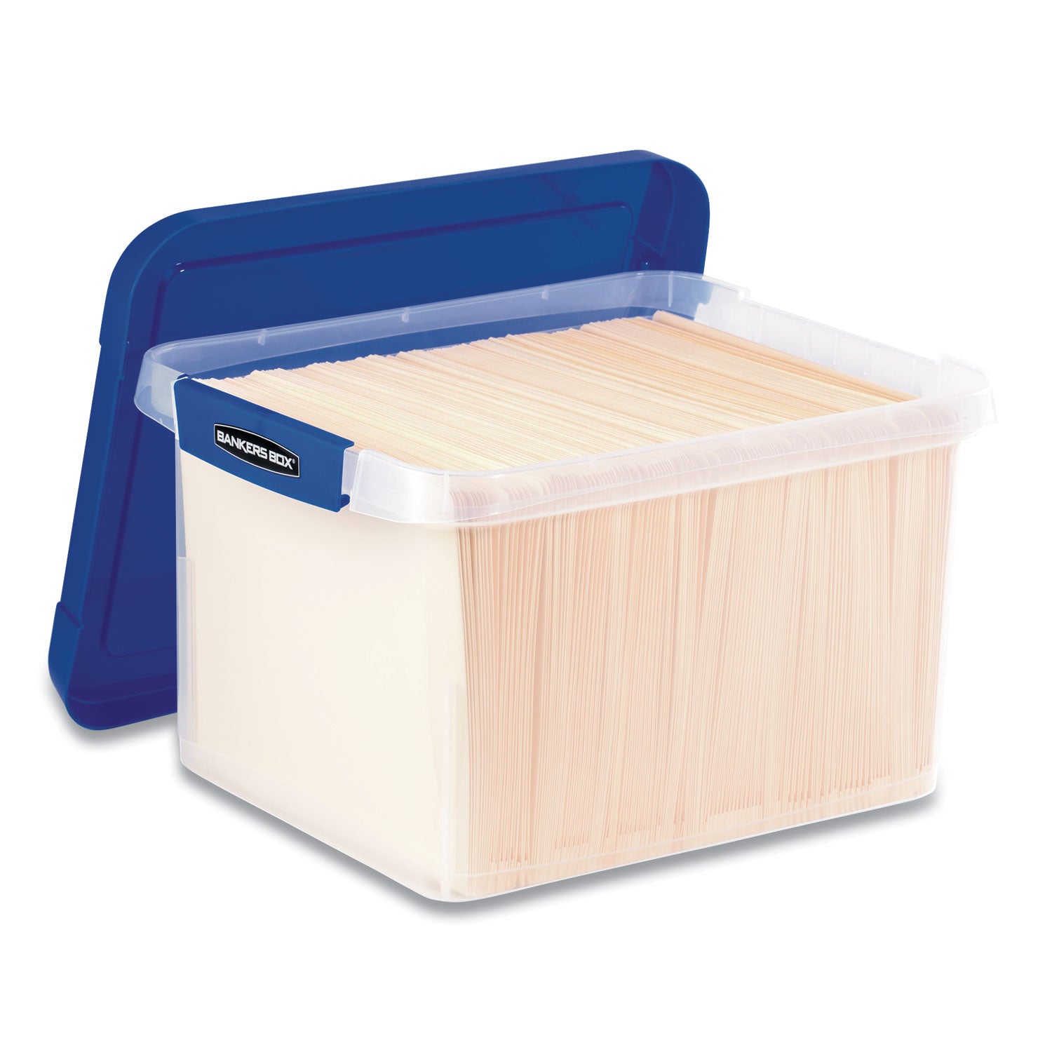 Bankers Box Heavy Duty Plastic File Storage, Letter/Legal Files, 14" x 17.38" x 10.5", Clear/Blue, 2/Pack (0086202)