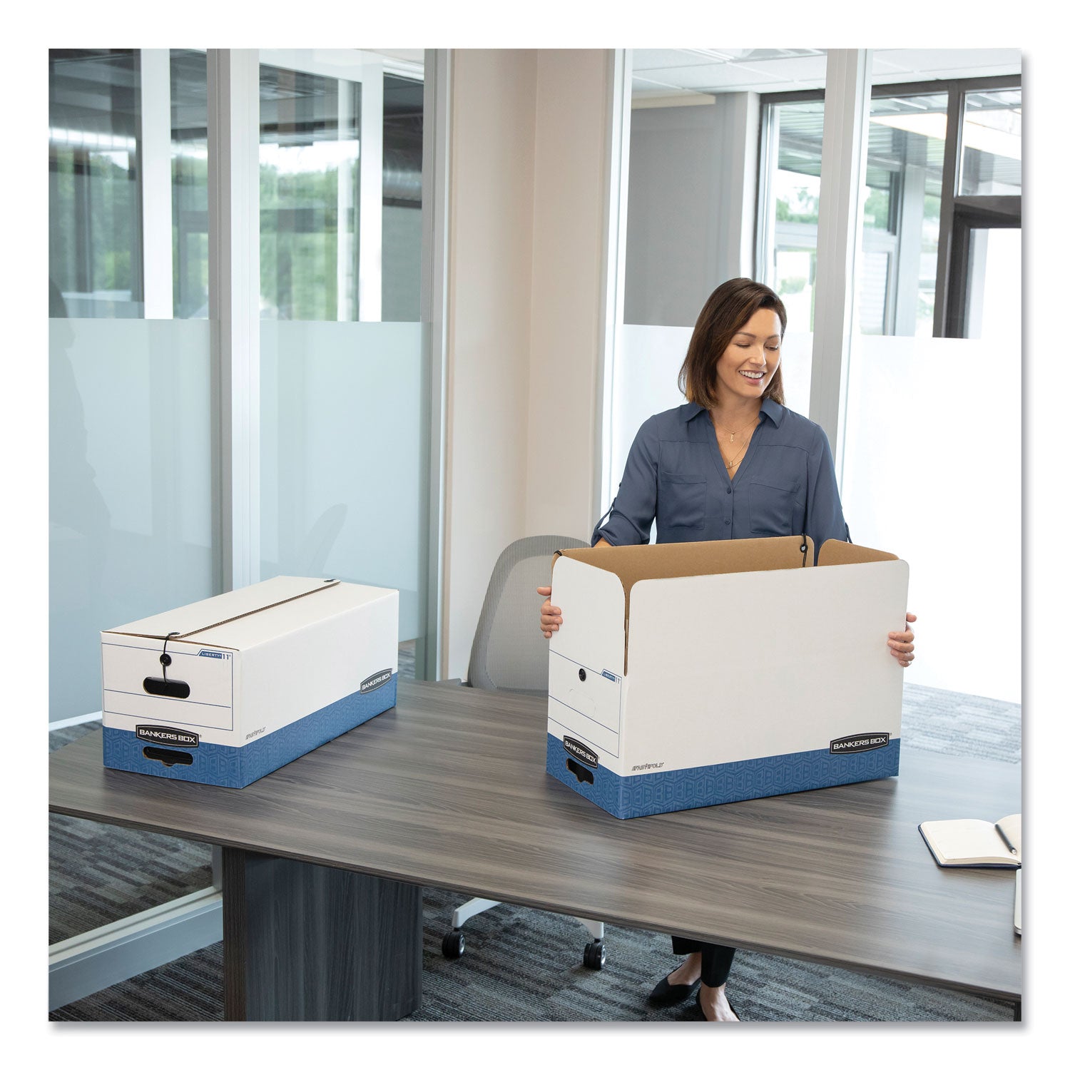 Bankers Box STOR/FILE Medium-Duty Strength Storage Boxes, Letter Files, 12.25" x 24.13" x 10.75", White/Blue, 4/Carton (0070403)