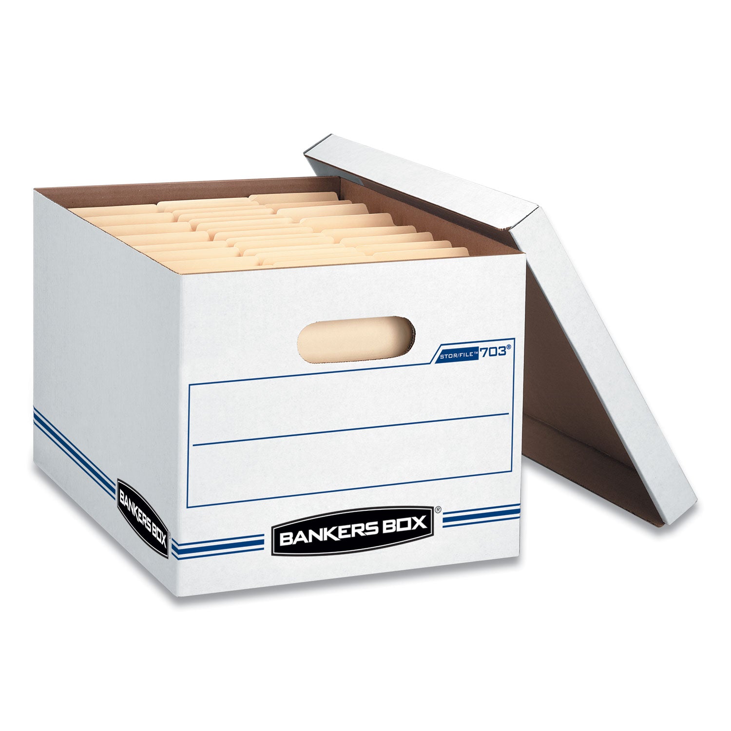 Bankers Box STOR/FILE Basic-Duty Storage Boxes, Letter/Legal Files, 12.5" x 16.25" x 10.5", White/Blue, 4/Carton (0070308)