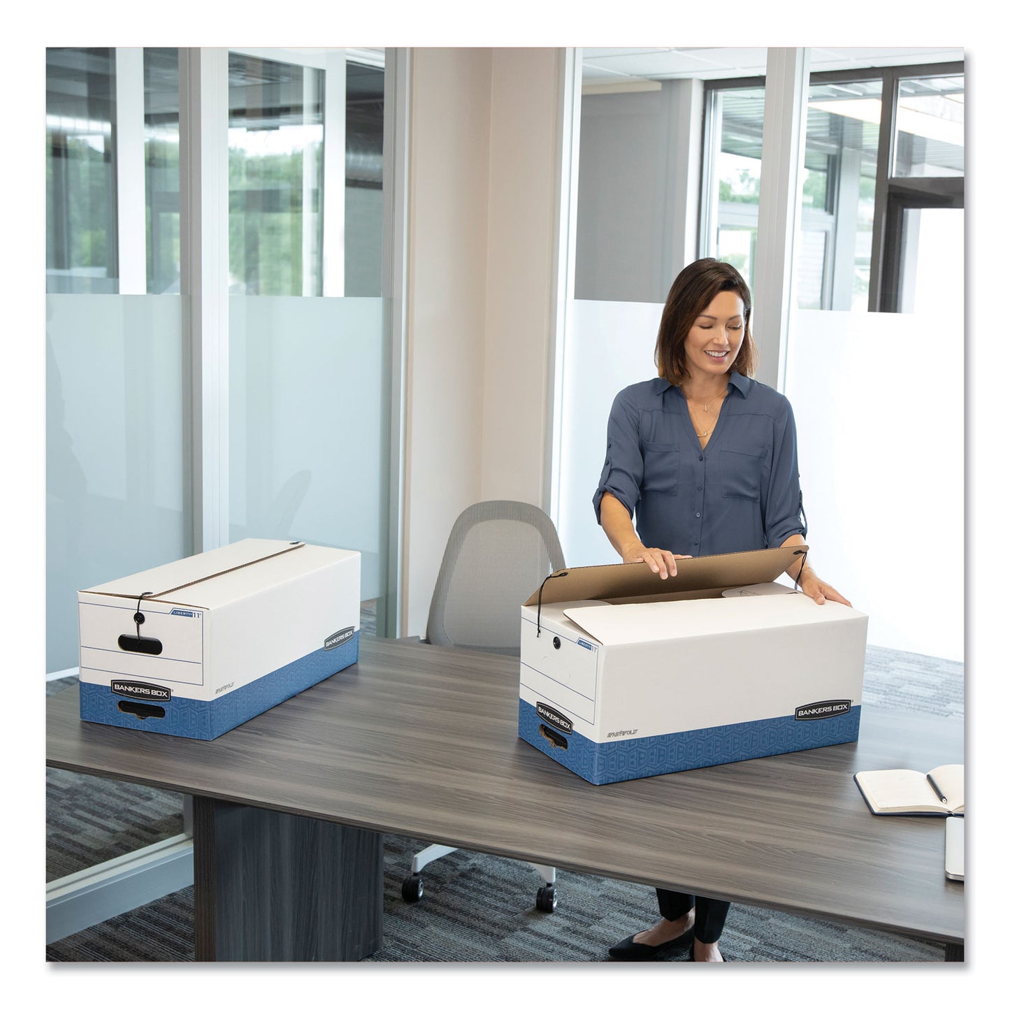 Bankers Box STOR/FILE Medium-Duty Strength Storage Boxes, Letter/Legal Files, 12.25" x 16" x 11", White/Blue, 4/Carton (0002501)