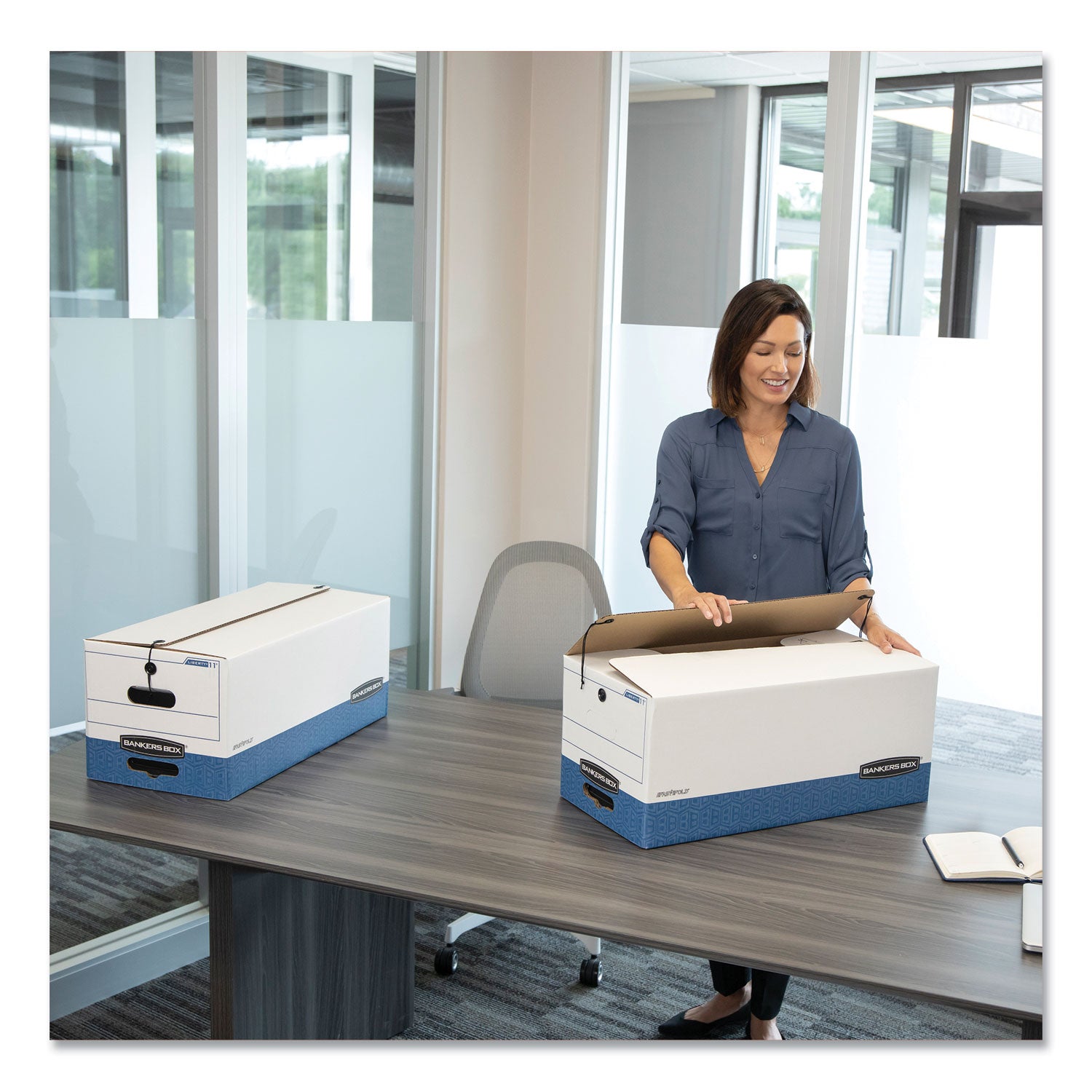 Bankers Box STOR/FILE Medium-Duty Strength Storage Boxes, Letter/Legal Files, 12.25" x 16" x 11", White/Blue, 4/Carton (0002501)