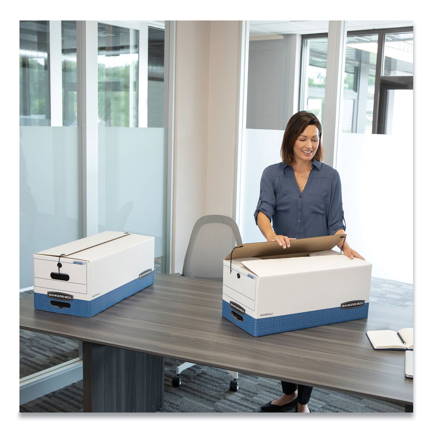 Bankers Box STOR/FILE Medium-Duty Strength Storage Boxes, Legal Files, 15.25" x 19.75" x 10.75", White/Blue, 4/Carton (0070503)