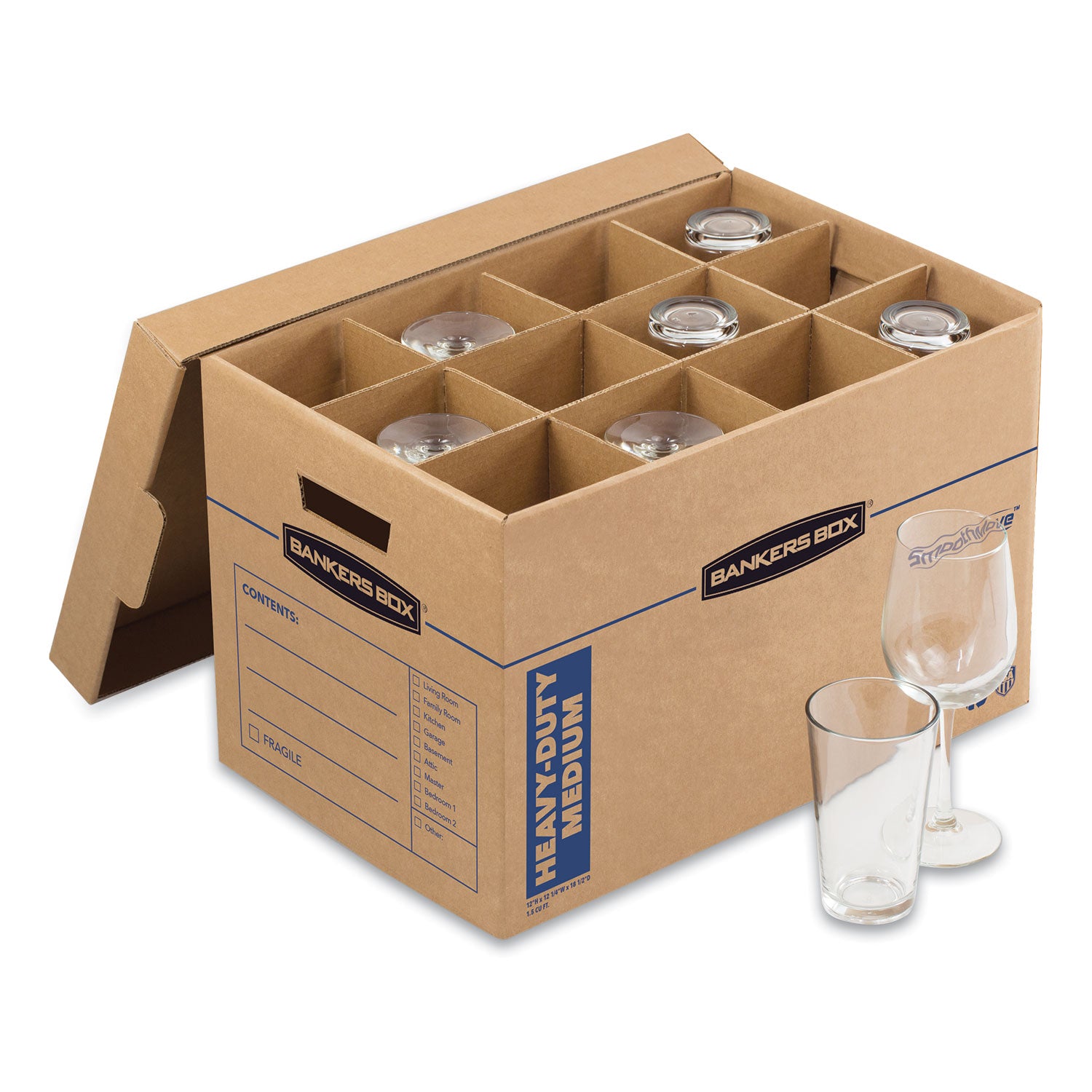 Bankers Box SmoothMove Kitchen Moving Kit with Dividers + Foam, Half Slotted Container (HSC), Medium, 12.25" x 18.5" x 12", Brown/Blue (7710302)