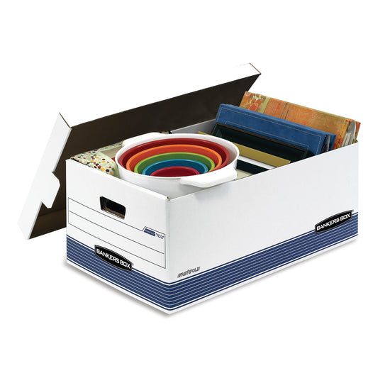 Bankers Box STOR/FILE Medium-Duty Storage Boxes, Legal Files, 15.88" x 25.38" x 10.25", White/Blue, 4/Carton (0070205)