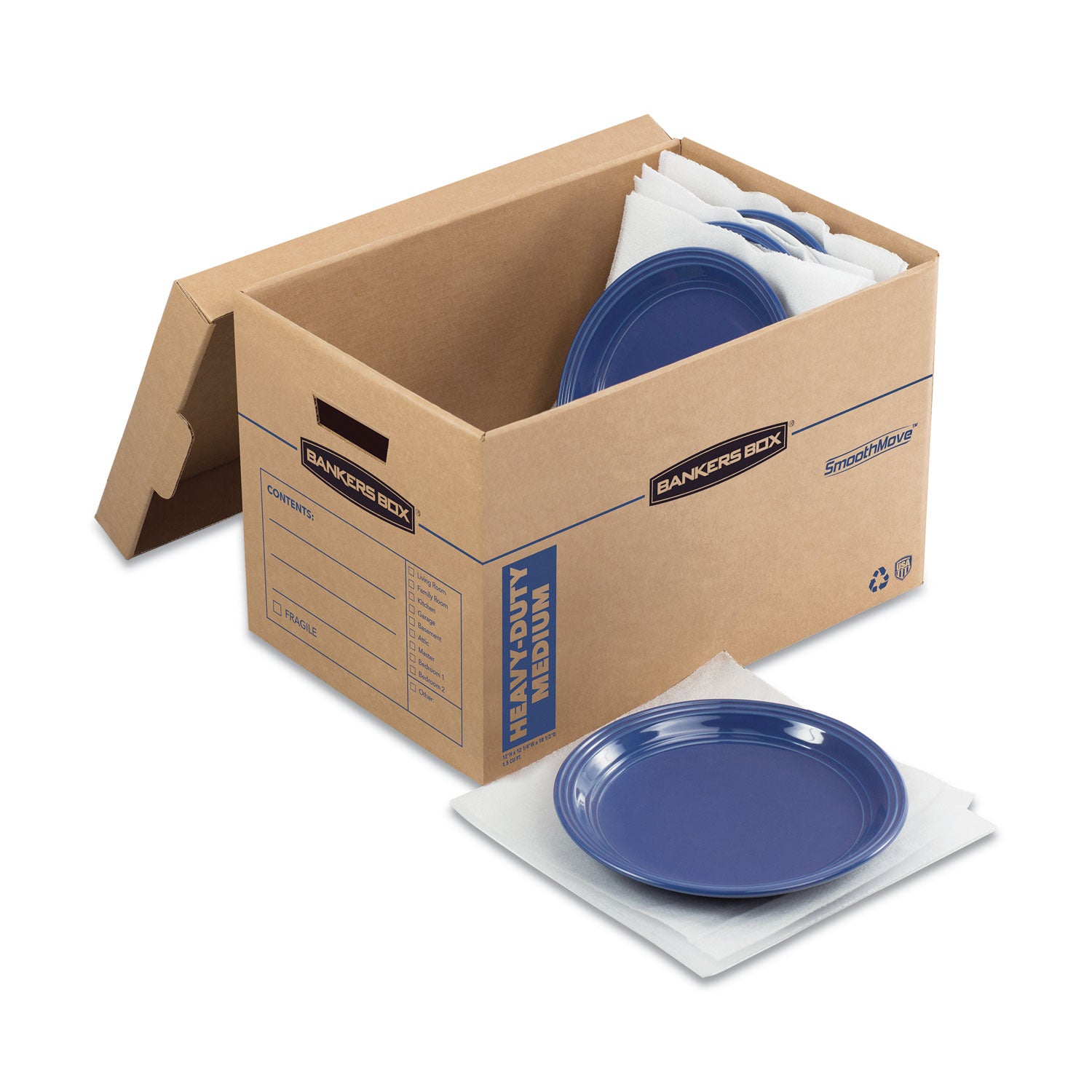 Bankers Box SmoothMove Kitchen Moving Kit with Dividers + Foam, Half Slotted Container (HSC), Medium, 12.25" x 18.5" x 12", Brown/Blue (7710302)