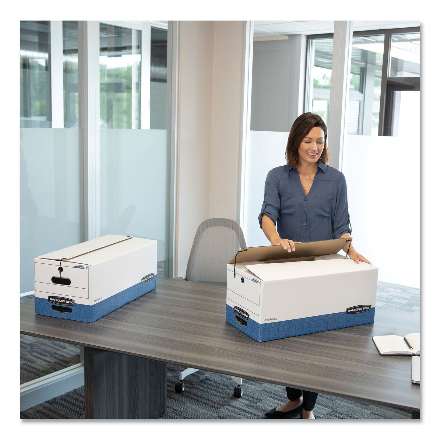 Bankers Box LIBERTY Heavy-Duty Strength Storage Boxes, Letter Files, 12.25" x 24.13" x 10.75", White/Blue, 4/Carton (0001103)