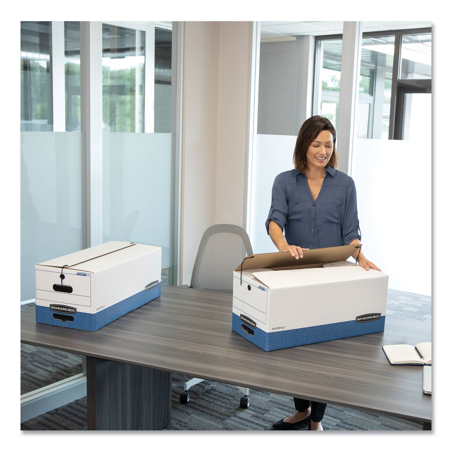 Bankers Box LIBERTY Heavy-Duty Strength Storage Boxes, Letter Files, 12.25" x 24.13" x 10.75", White/Blue, 4/Carton (0001103)