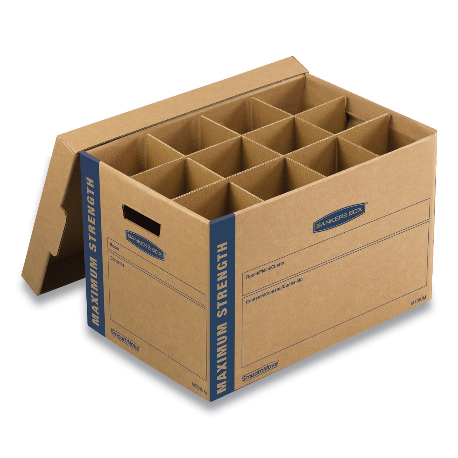 Bankers Box SmoothMove Kitchen Moving Kit with Dividers + Foam, Half Slotted Container (HSC), Medium, 12.25" x 18.5" x 12", Brown/Blue (7710302)