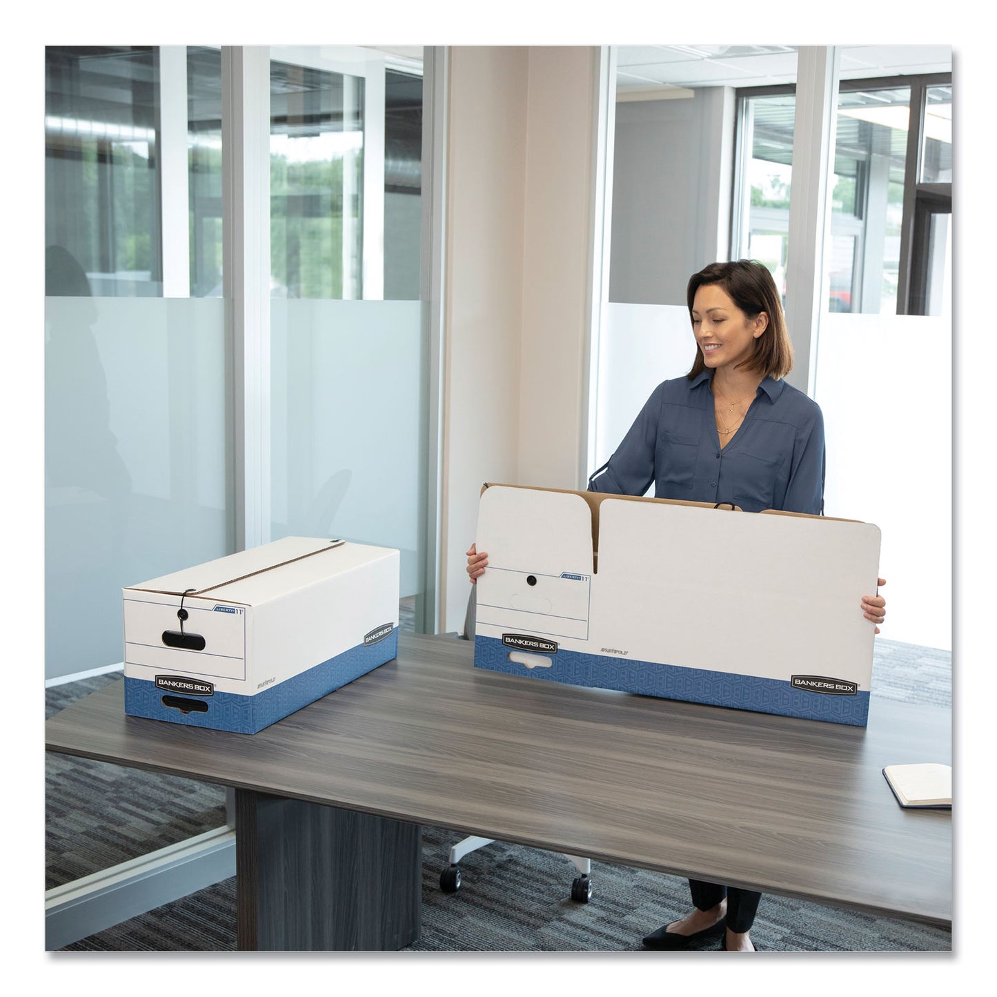 Bankers Box STOR/FILE Medium-Duty Strength Storage Boxes, Letter Files, 12.25" x 24.13" x 10.75", White/Blue, 4/Carton (0070403)