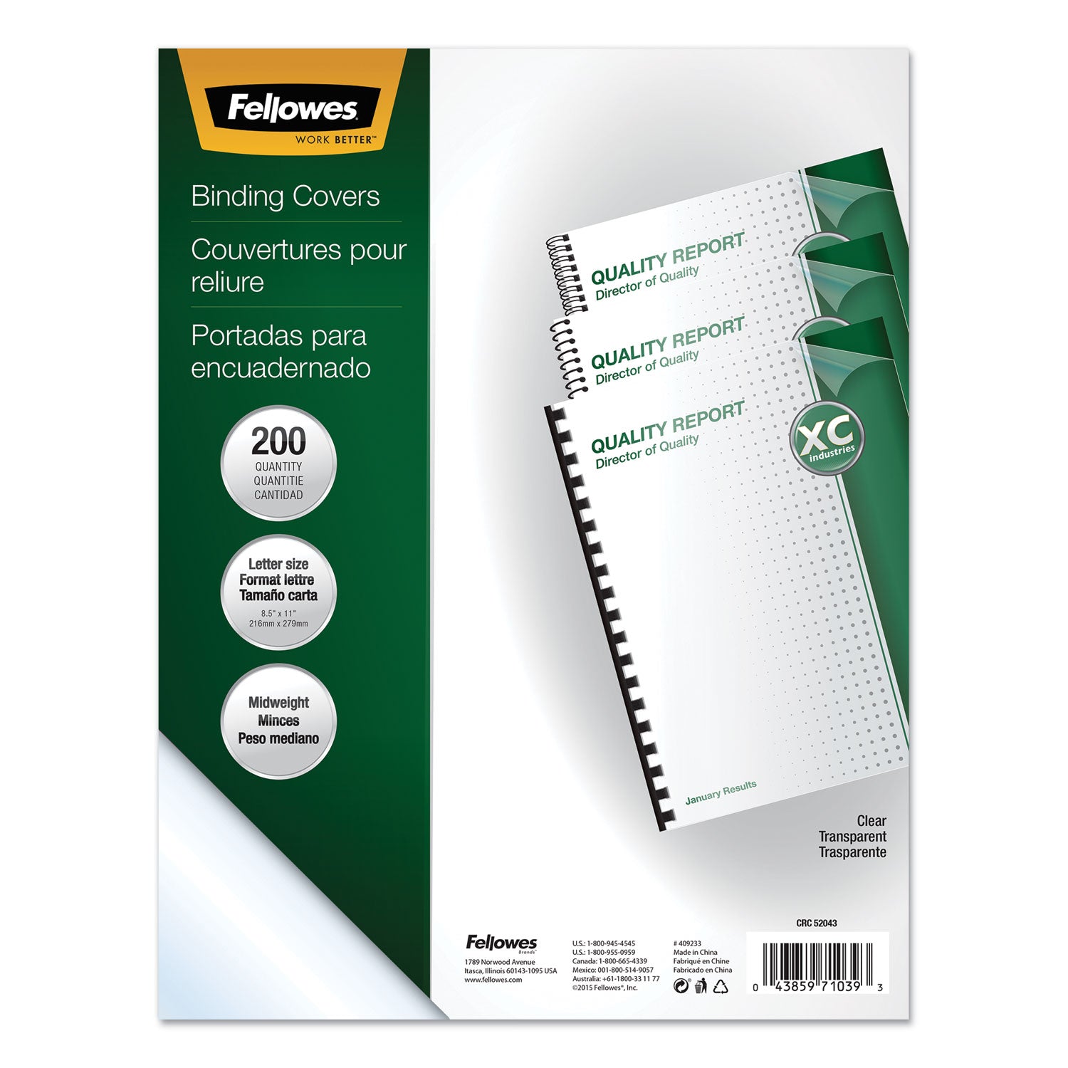 Fellowes Crystals Transparent Presentation Covers for Binding Systems, Clear, with Square Corners 11 x 8.5, Unpunched, 200/Pack (5204303)