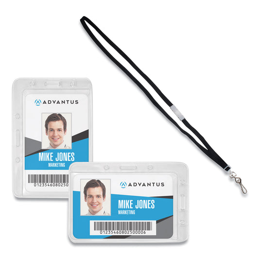 Advantus Antimicrobial ID Security Badge Lanyard Combo, Horizontal, Clear 4.13" x 2.88" Holder, 3.5" x 2.25" Insert, 36" Cord, 20/Pack (75699)