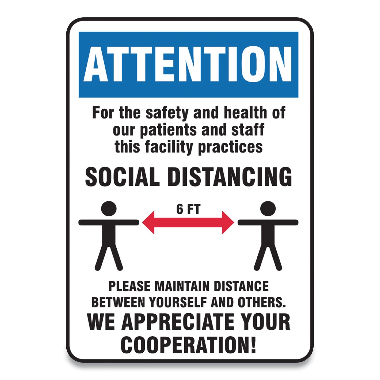 Accuform Social Distance Signs, Wall, 7 x 10, Patients and Staff Social Distancing, Humans/Arrows, Blue/White, 10/Pack (MGNG903VPESP)