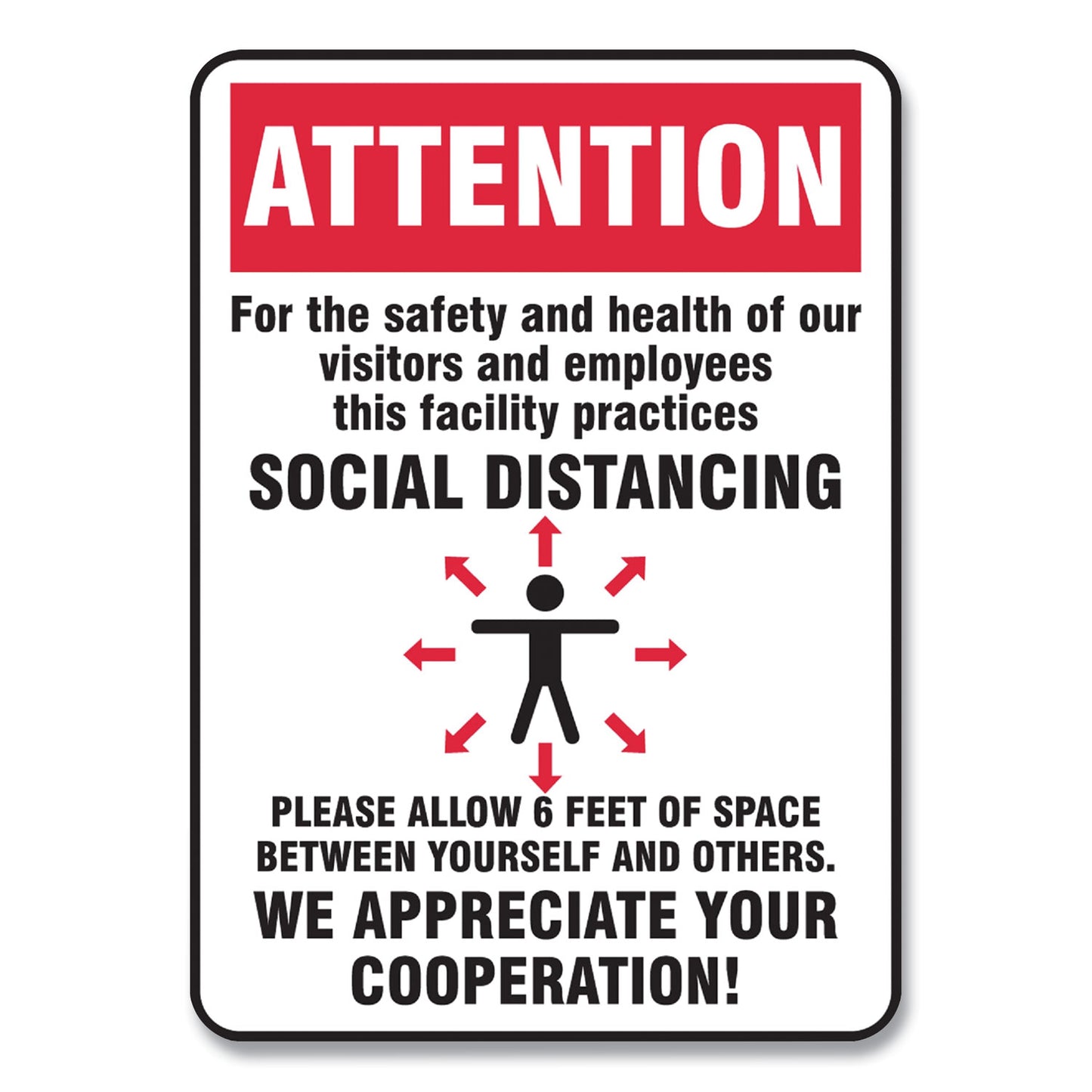 Accuform Social Distance Signs, Wall, 7 x 10, Visitors and Employees Distancing, Humans/Arrows, Red/White, 10/Pack (MGNG902VPESP)