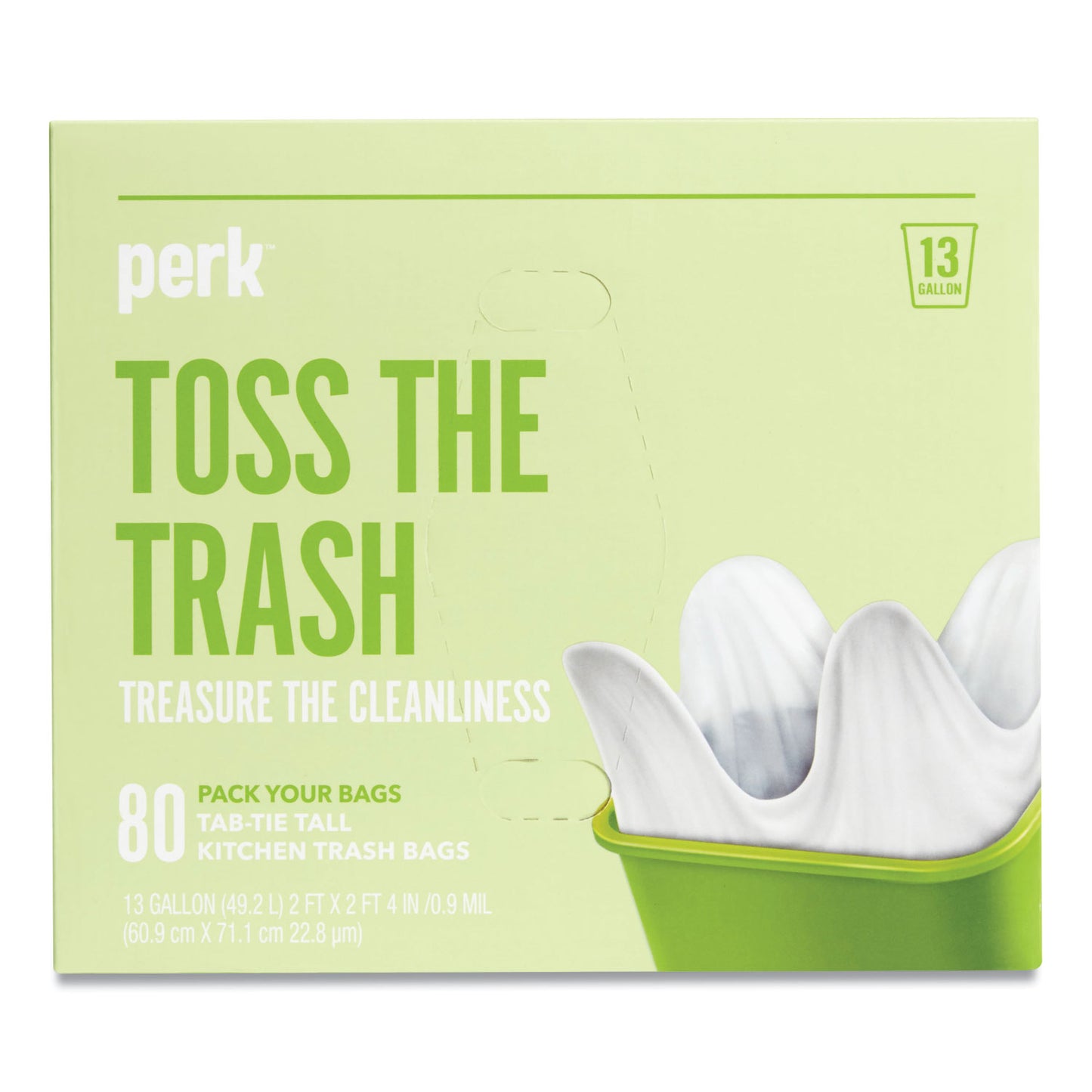 Perk Tab-Tie Tall Kitchen Trash Bags, Tie-Flap, 13 gal, 28" x 24", White, 80/Box (24377881)