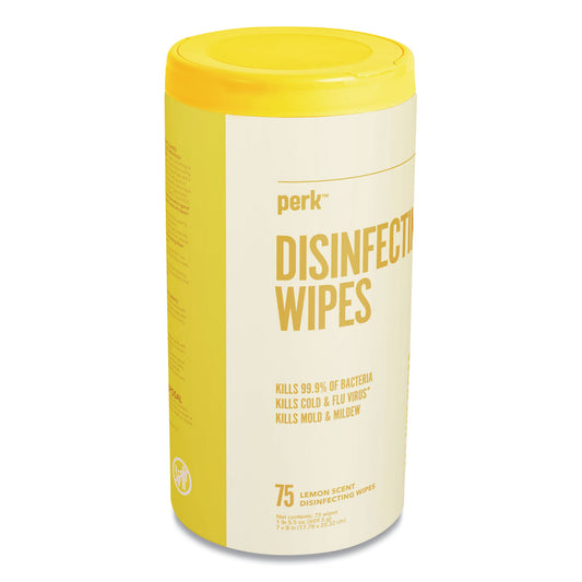 Perk Disinfecting Wipes, 7 x 8, Lemon, White, 75 Wipes/Canister (24411134)