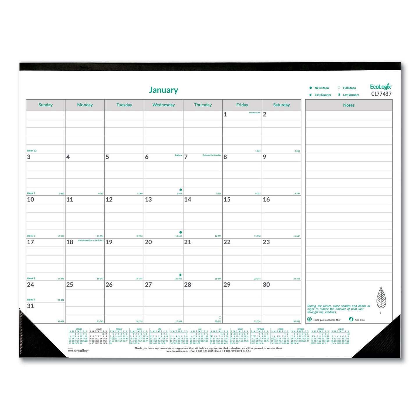 Brownline EcoLogix Monthly Desk Pad Calendar, 22 x 17, White/Green Sheets, Black Binding/Corners, 12-Month (Jan to Dec): 2025 (C177437)