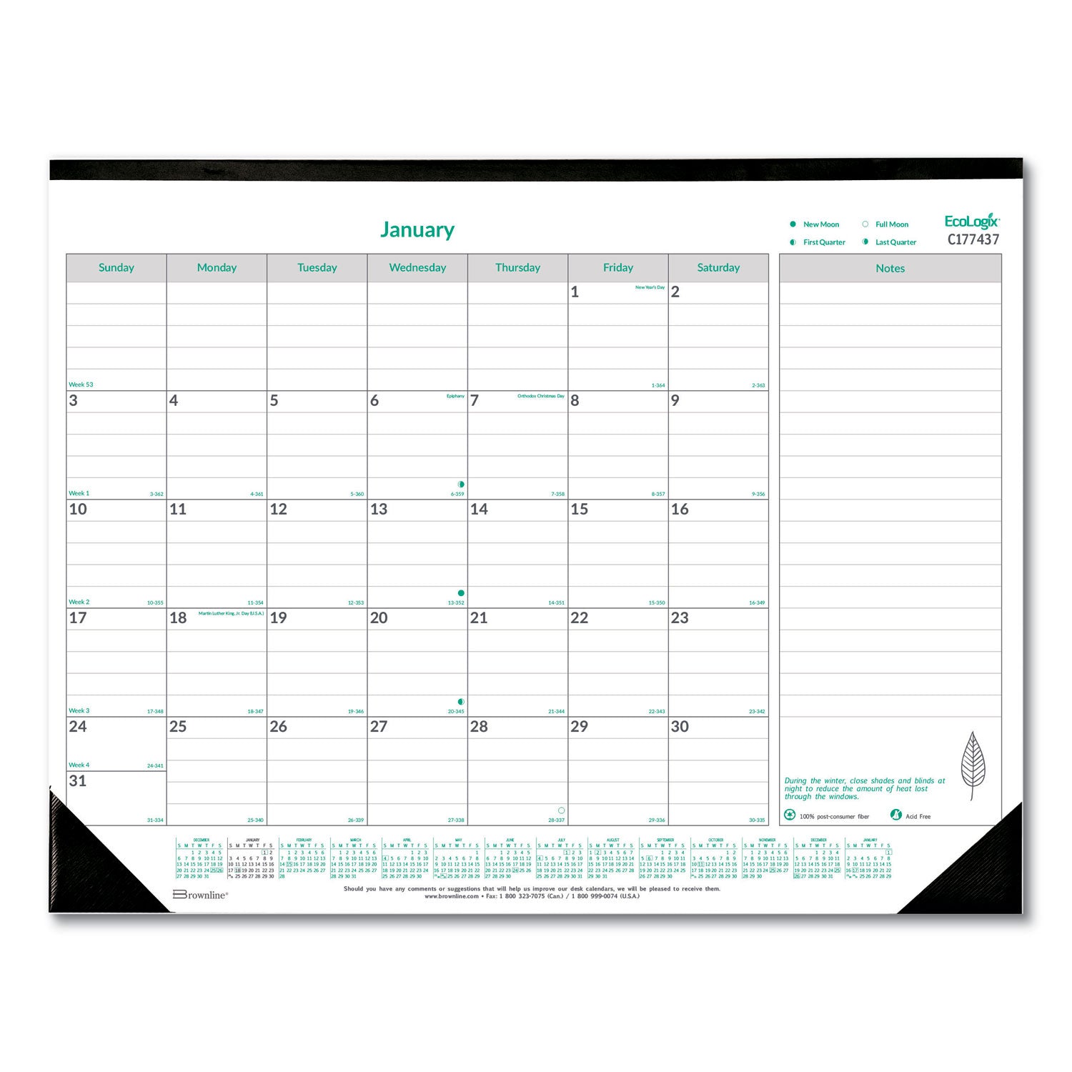 Brownline EcoLogix Monthly Desk Pad Calendar, 22 x 17, White/Green Sheets, Black Binding/Corners, 12-Month (Jan to Dec): 2025 (C177437)