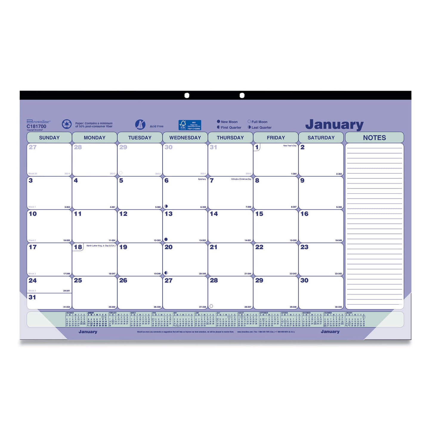 Brownline Monthly Desk Pad Calendar, 17.75 x 10.88, White/Blue/Green Sheets, Black Binding, Clear Corners, 12-Month (Jan to Dec): 2025 (C181700)
