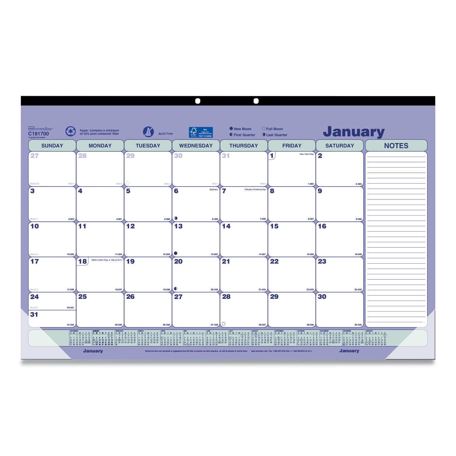 Brownline Monthly Desk Pad Calendar, 17.75 x 10.88, White/Blue/Green Sheets, Black Binding, Clear Corners, 12-Month (Jan to Dec): 2025 (C181700)