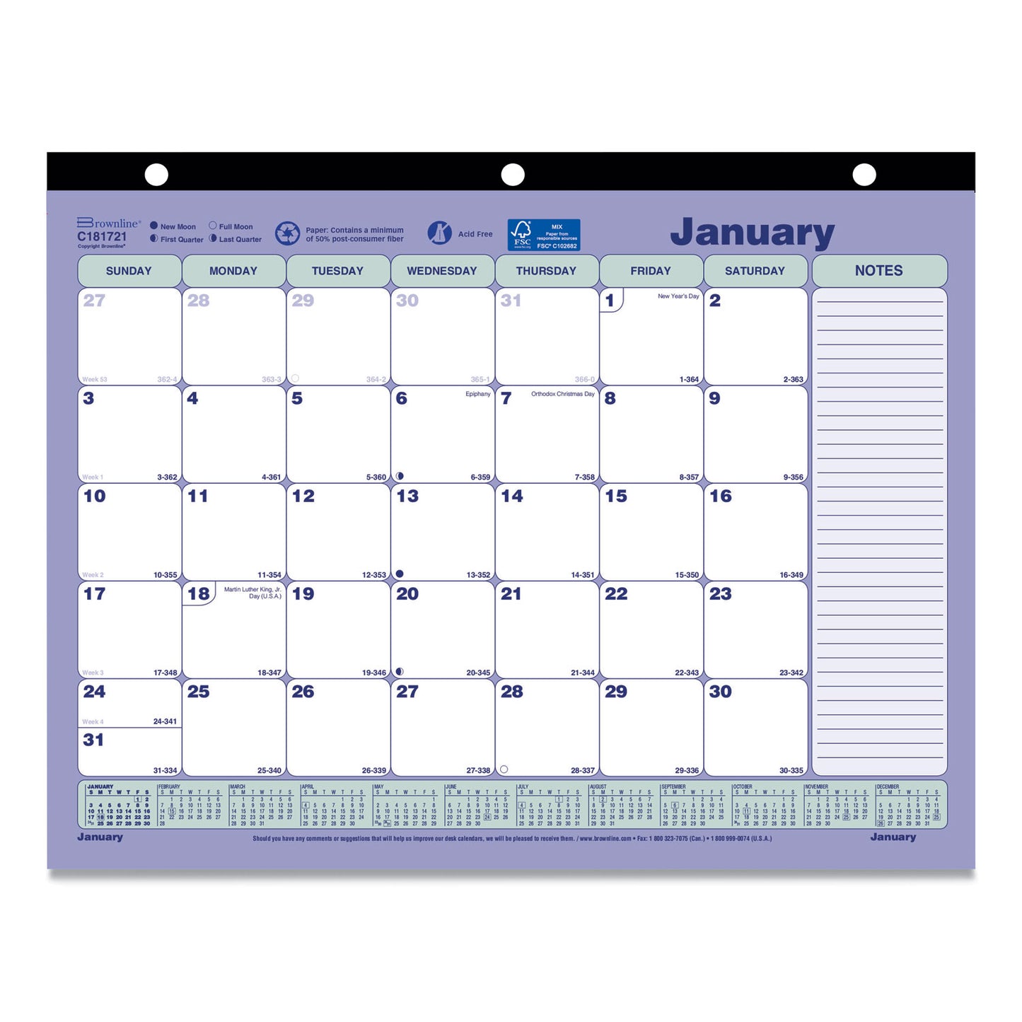 Brownline Monthly Desk Pad Calendar, 3-Hole Punched, 11 x 8.5, White/Blue/Green Sheets, Black Binding, 12-Month (Jan to Dec): 2025 (C181721)