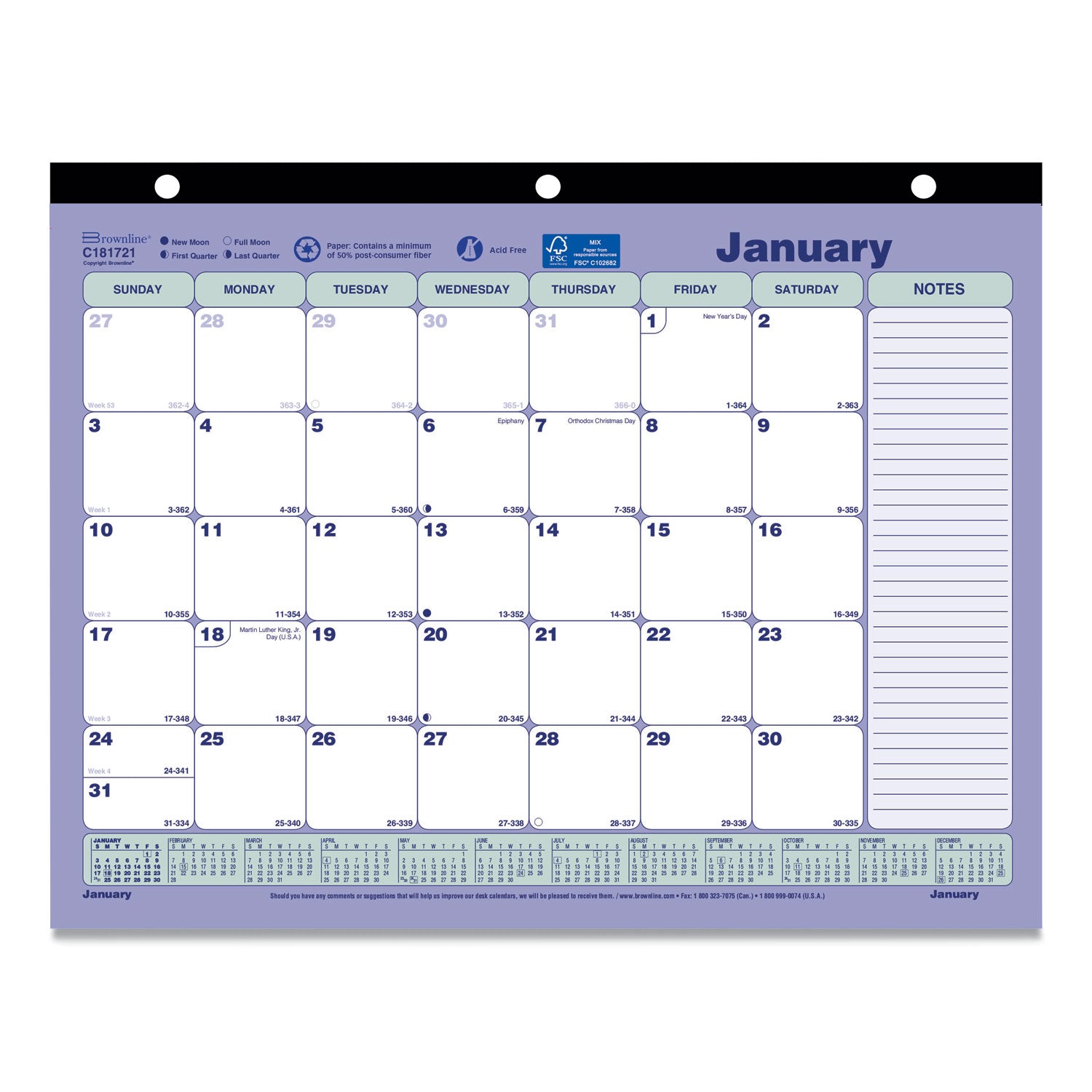 Brownline Monthly Desk Pad Calendar, 3-Hole Punched, 11 x 8.5, White/Blue/Green Sheets, Black Binding, 12-Month (Jan to Dec): 2025 (C181721)