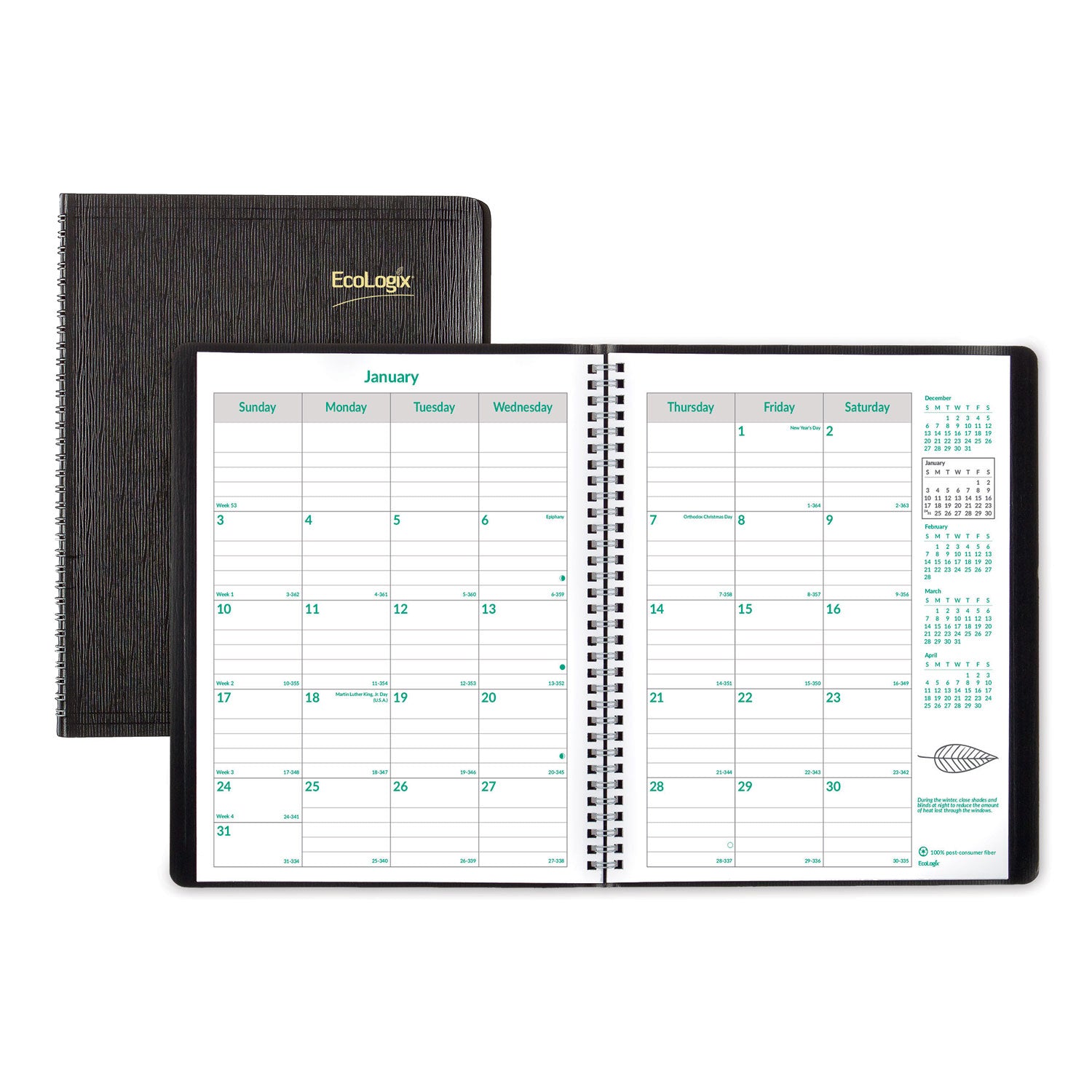 Brownline EcoLogix Recycled Monthly Planner, EcoLogix Artwork, 11 x 8.5, Black Cover, 14-Month: Dec 2024 to Jan 2026 (CB435WBLK)