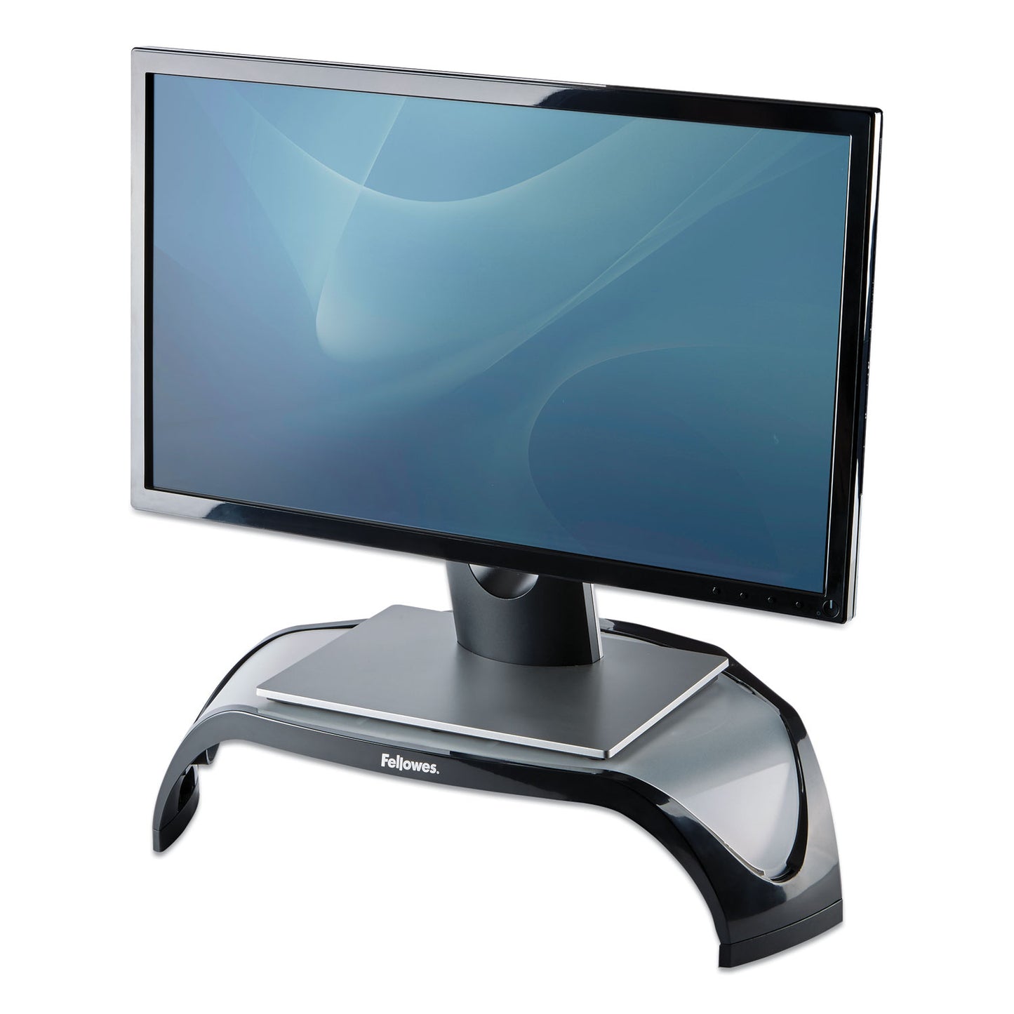 Fellowes Smart Suites Corner Monitor Riser, For 21" Monitors, 18.5" x 12.5" x 3.88" to 5.13", Black/Clear Frost, Supports 40 lbs (8020101)