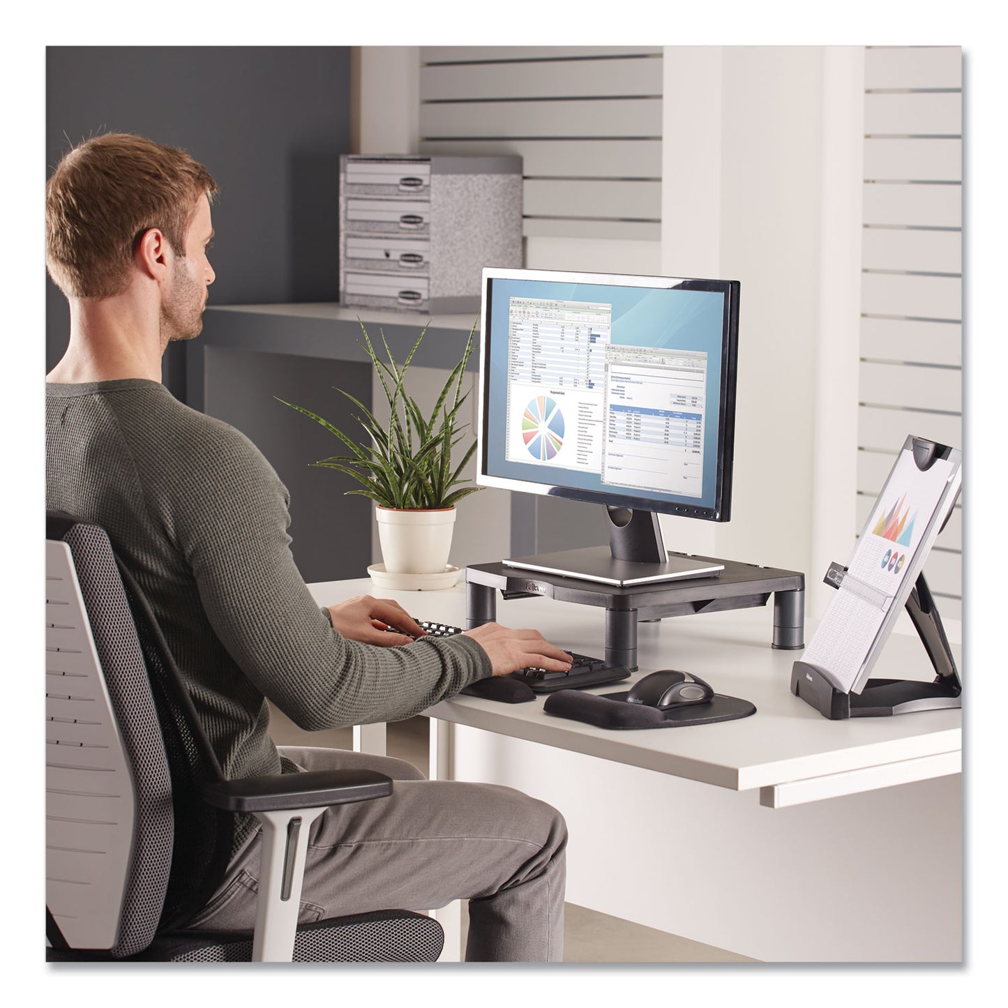 Fellowes Standard Monitor Riser, 13.38" x 13.63" x 2" to 4", Graphite, Supports 60 lbs (9169301)