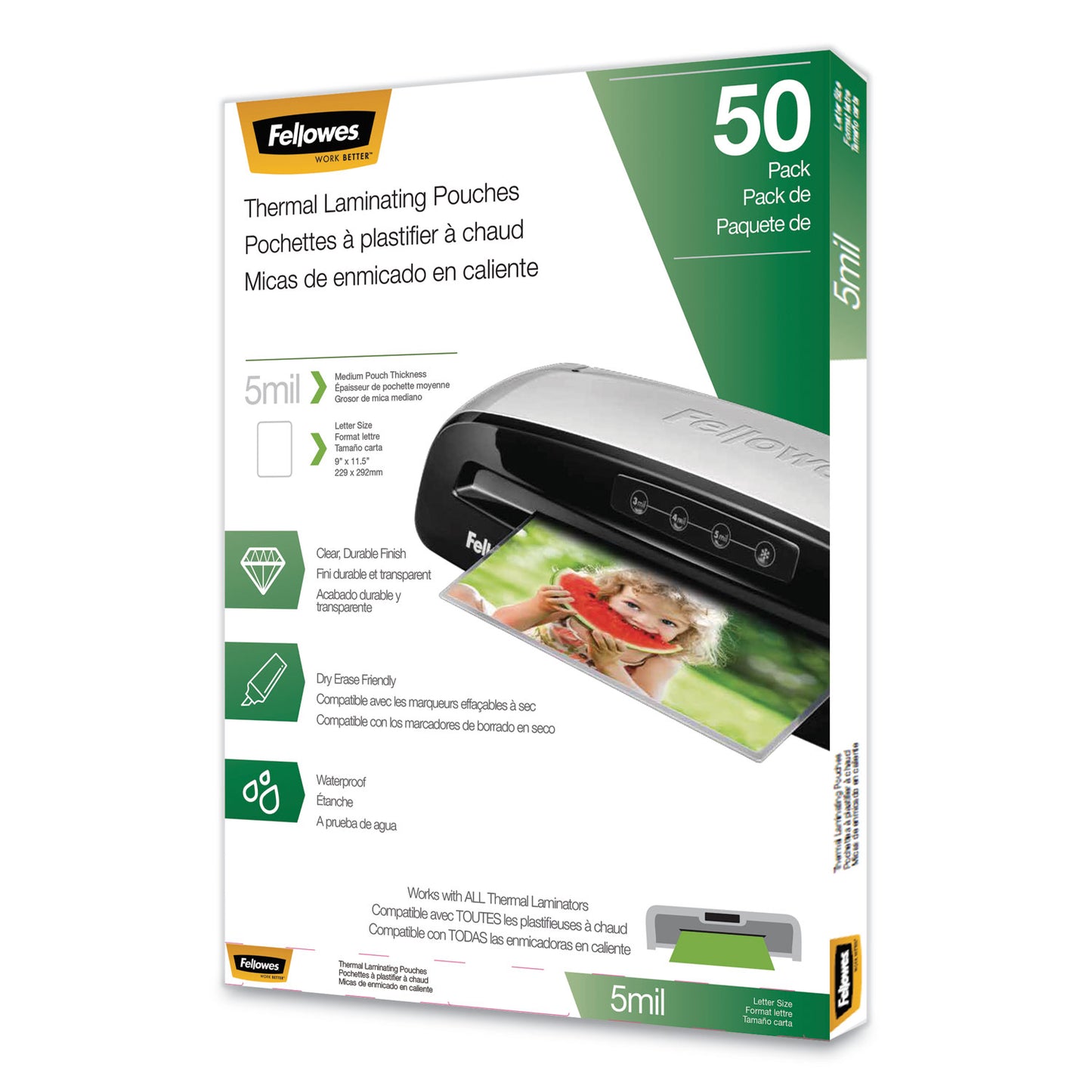 Fellowes Thermal Laminating Pouches, 5 mil, 9" x 11.5", Matte Clear, 50/Pack (5744501)