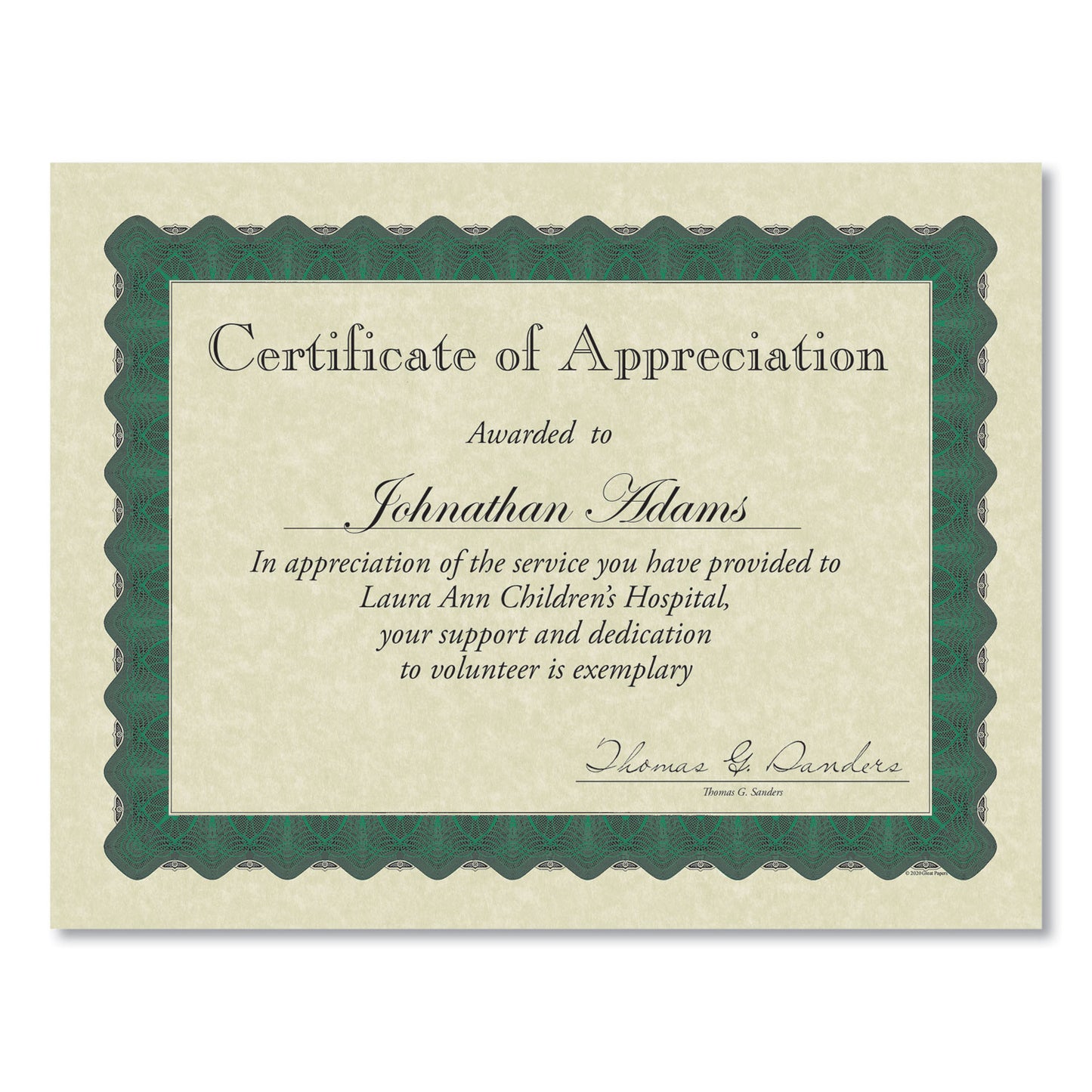 Great Papers! Metallic Border Certificates, 11 x 8.5, Ivory/Green with Green Border, 100/Pack (934200)