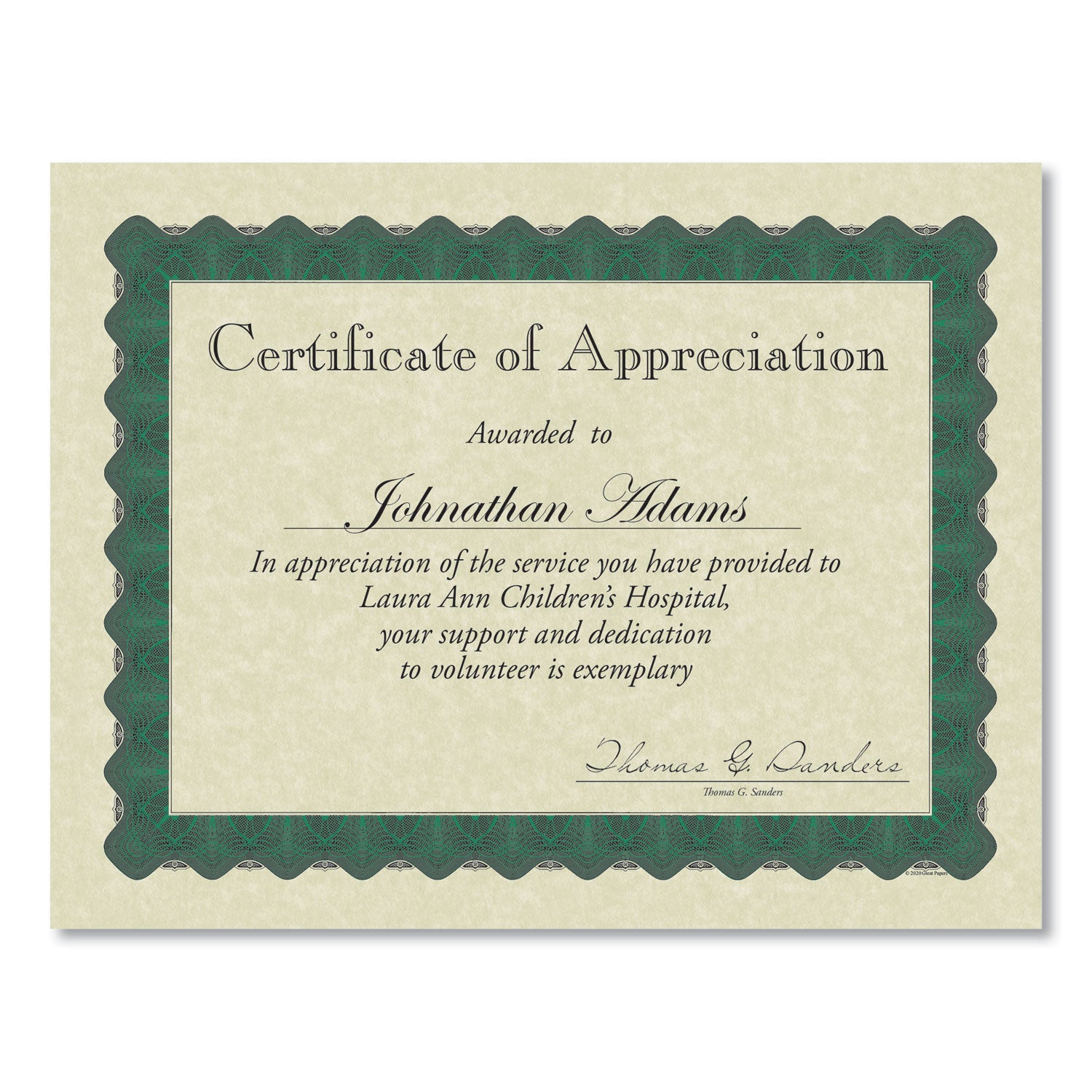 Great Papers! Metallic Border Certificates, 11 x 8.5, Ivory/Green with Green Border, 100/Pack (934200)