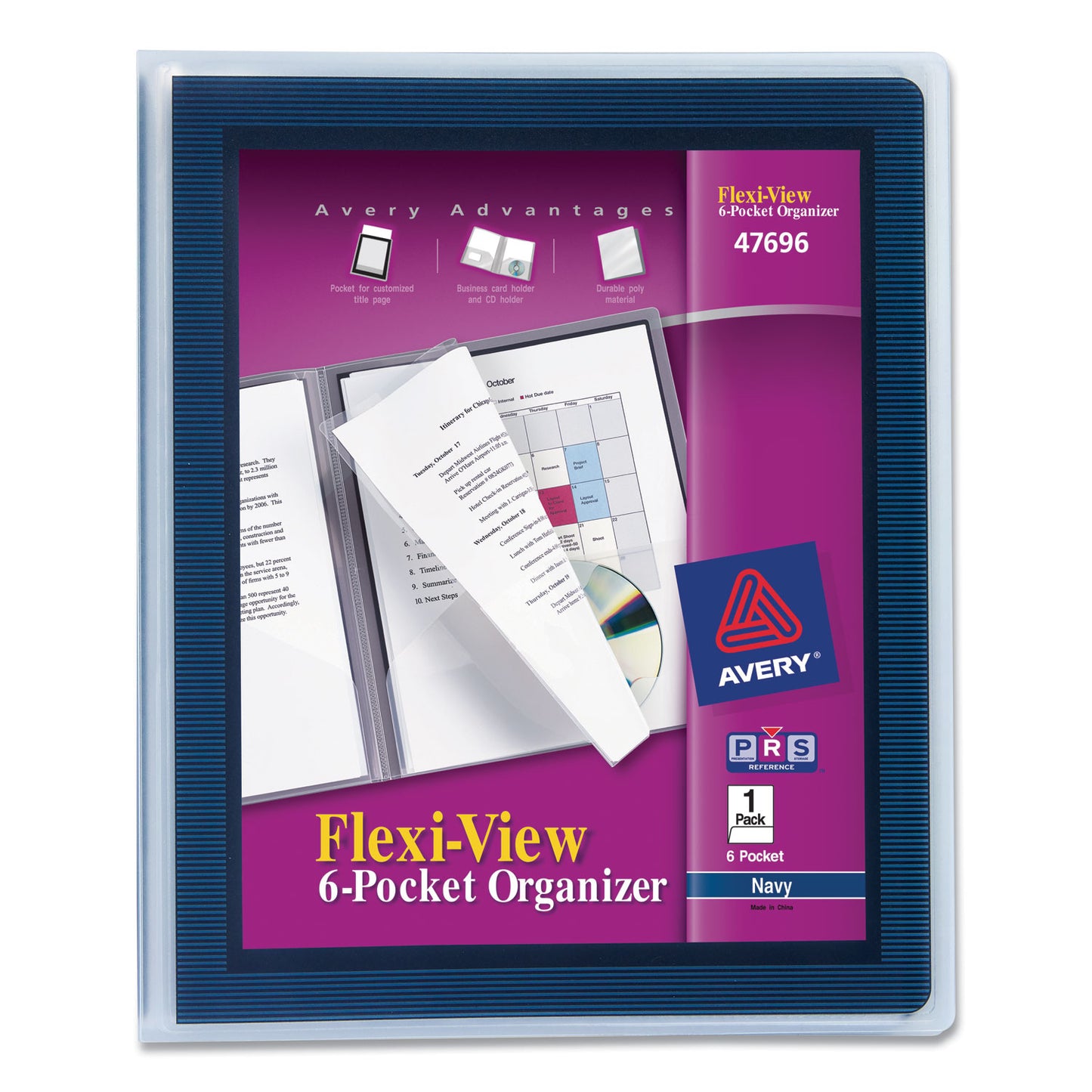 Avery Flexi-View Six-Pocket Polypropylene Organizer, 150-Sheet Capacity, 11 x 8.5, Translucent/Navy (47696)