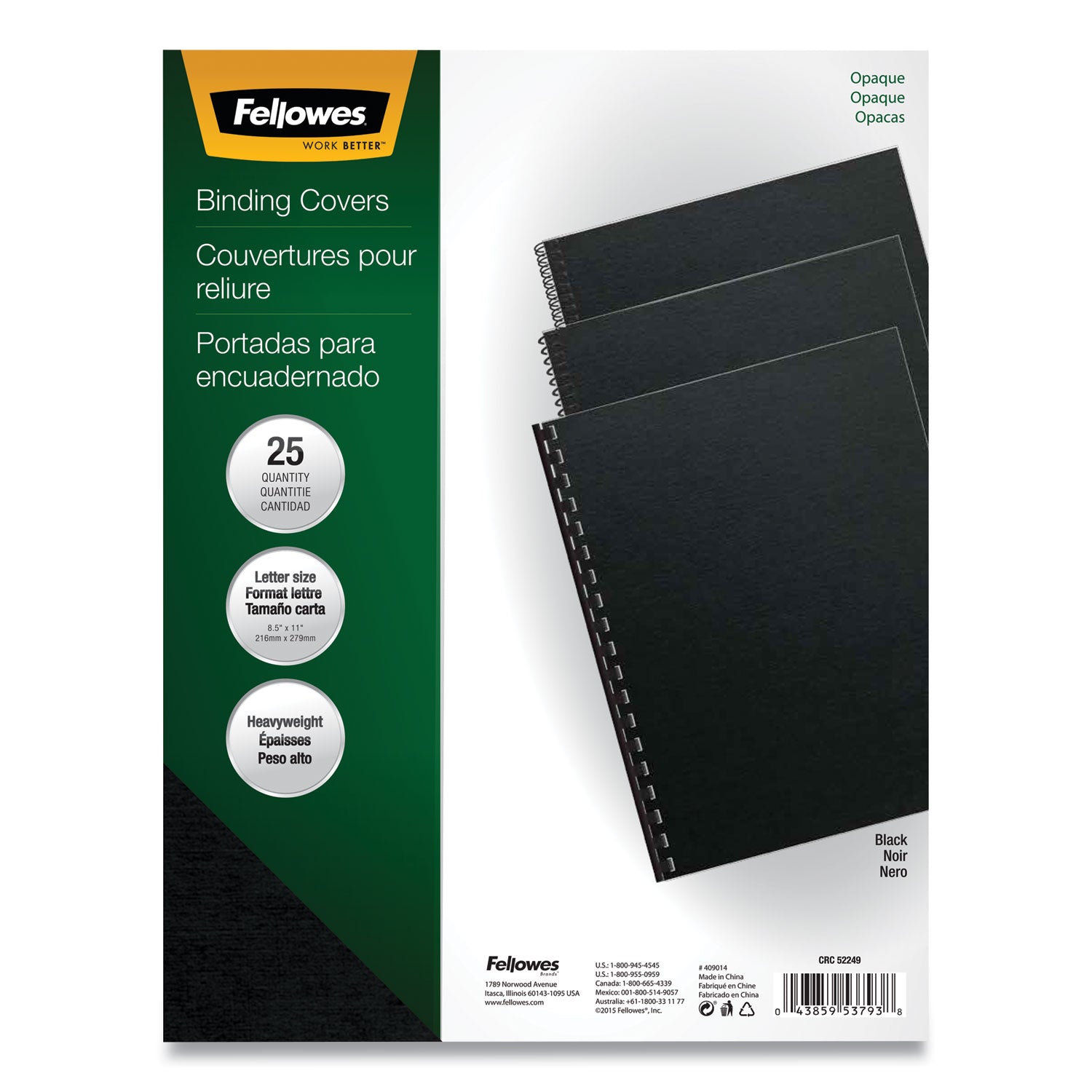 Fellowes Futura Presentation Covers for Binding Systems, Opaque Black, 11 x 8.5, Unpunched, 25/Pack (5224901)