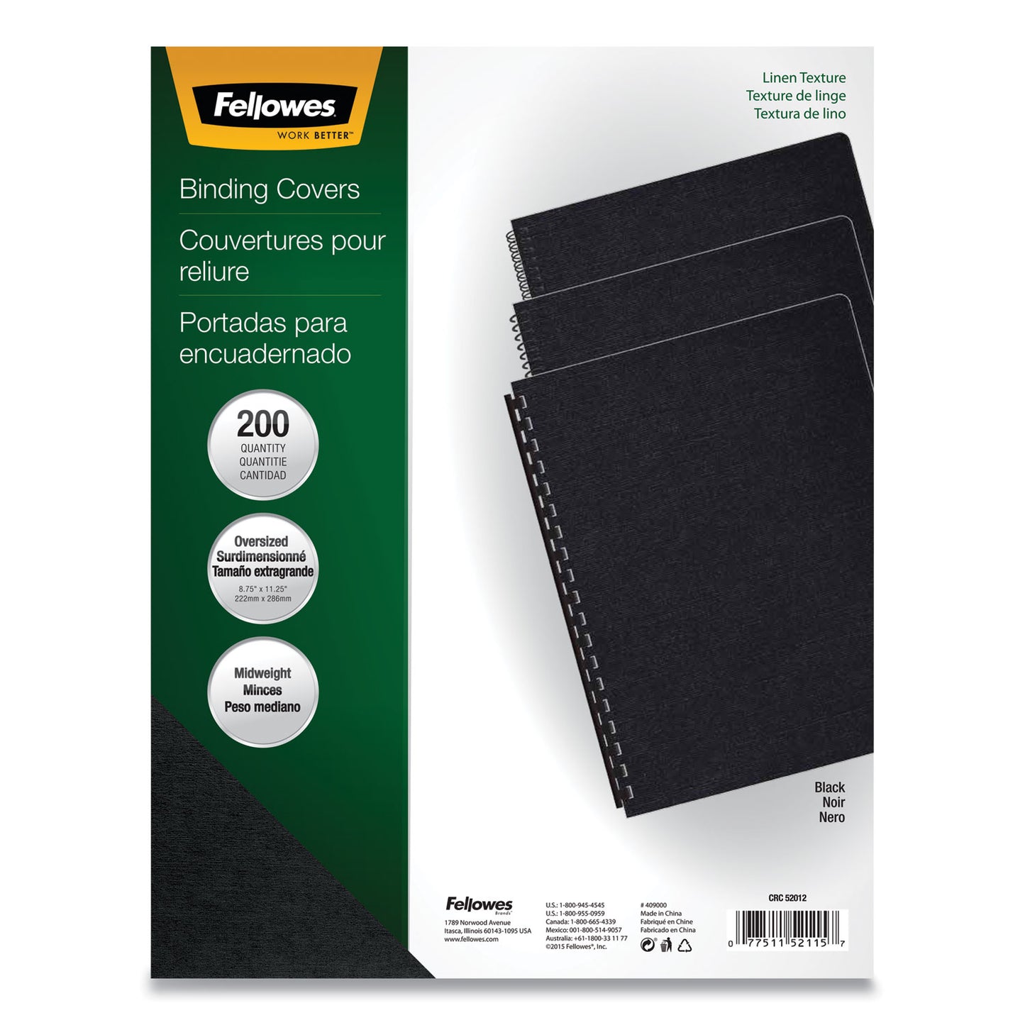 Fellowes Expressions Linen Texture Presentation Covers for Binding Systems, Black, 11.25 x 8.75, Unpunched, 200/Pack (52115)