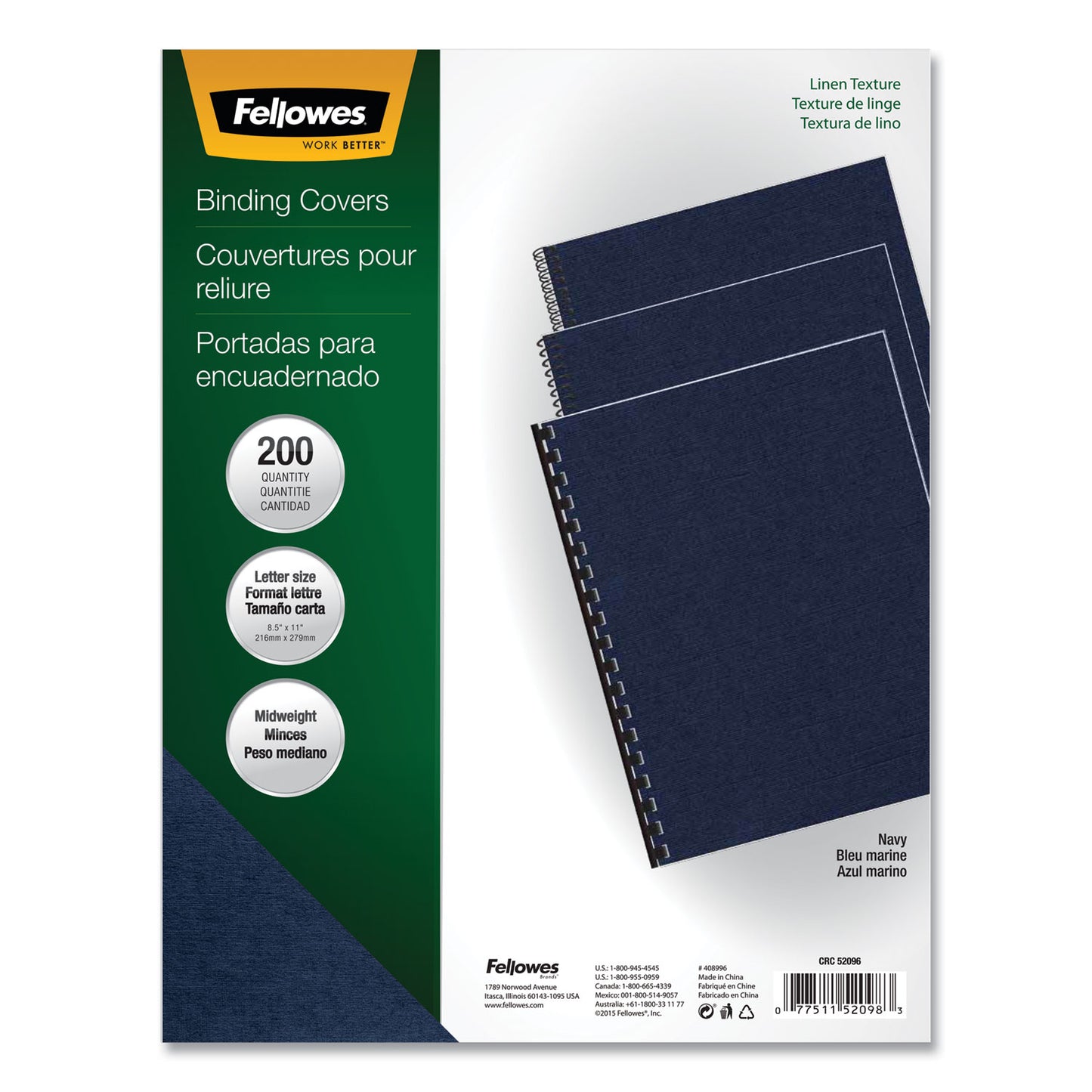 Fellowes Expressions Linen Texture Presentation Covers for Binding Systems, Navy, 11 x 8.5, Unpunched, 200/Pack (52098)