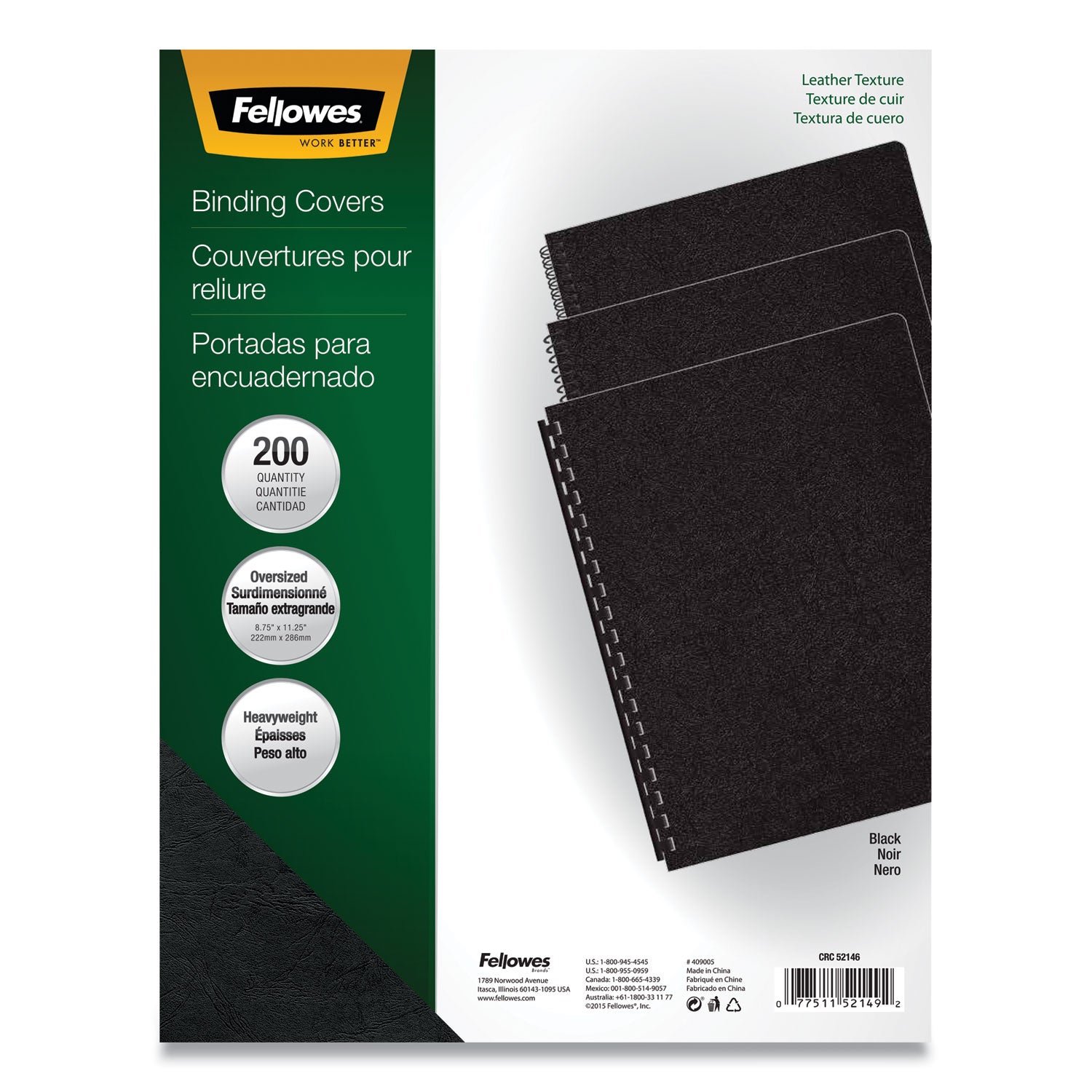 Fellowes Executive Leather-Like Presentation Cover, Black, 11.25 x 8.75, Unpunched, 200/Pack (52149)