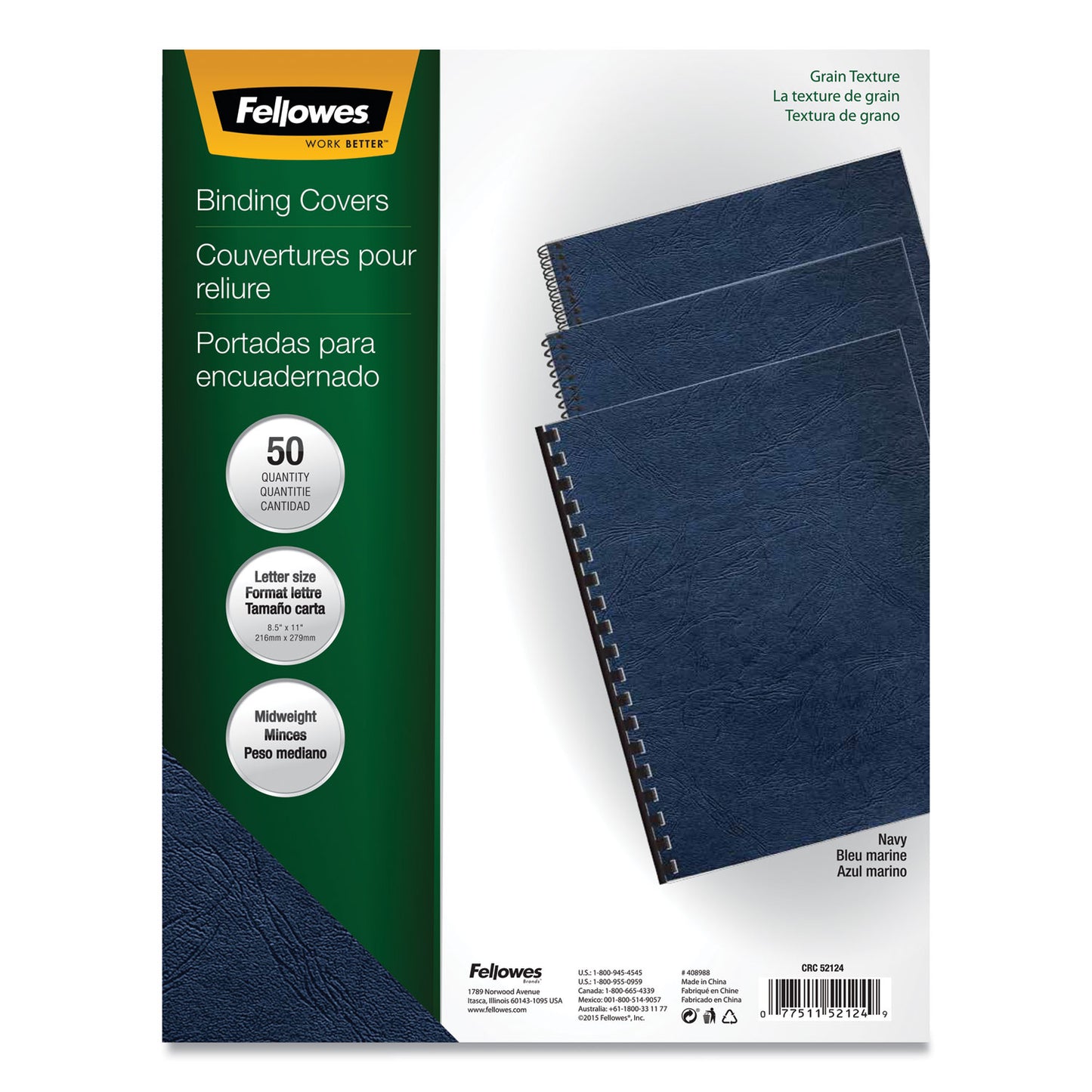 Fellowes Classic Grain Texture Binding System Covers, 11 x 8.5, Navy, 50/Pack (52124)